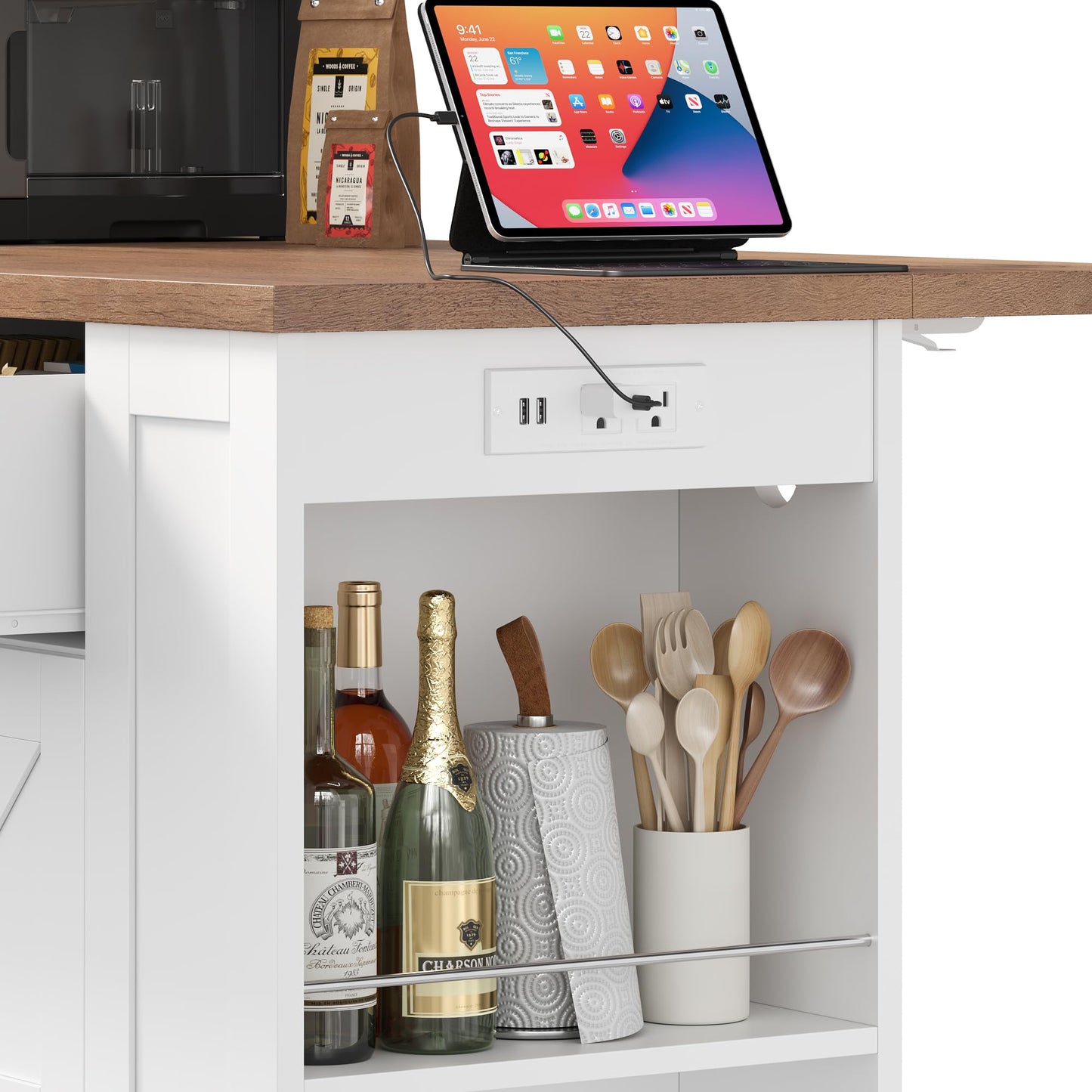 Keyluv Kitchen Storage Island with 2 Stools, 51.2” Mobile Kitchen Cart with Drop Leaf & Power Outlet, Rolling Island Table Dining Room Buffet with 2 Drawers & Side Storage Rack &Towel Rack, White