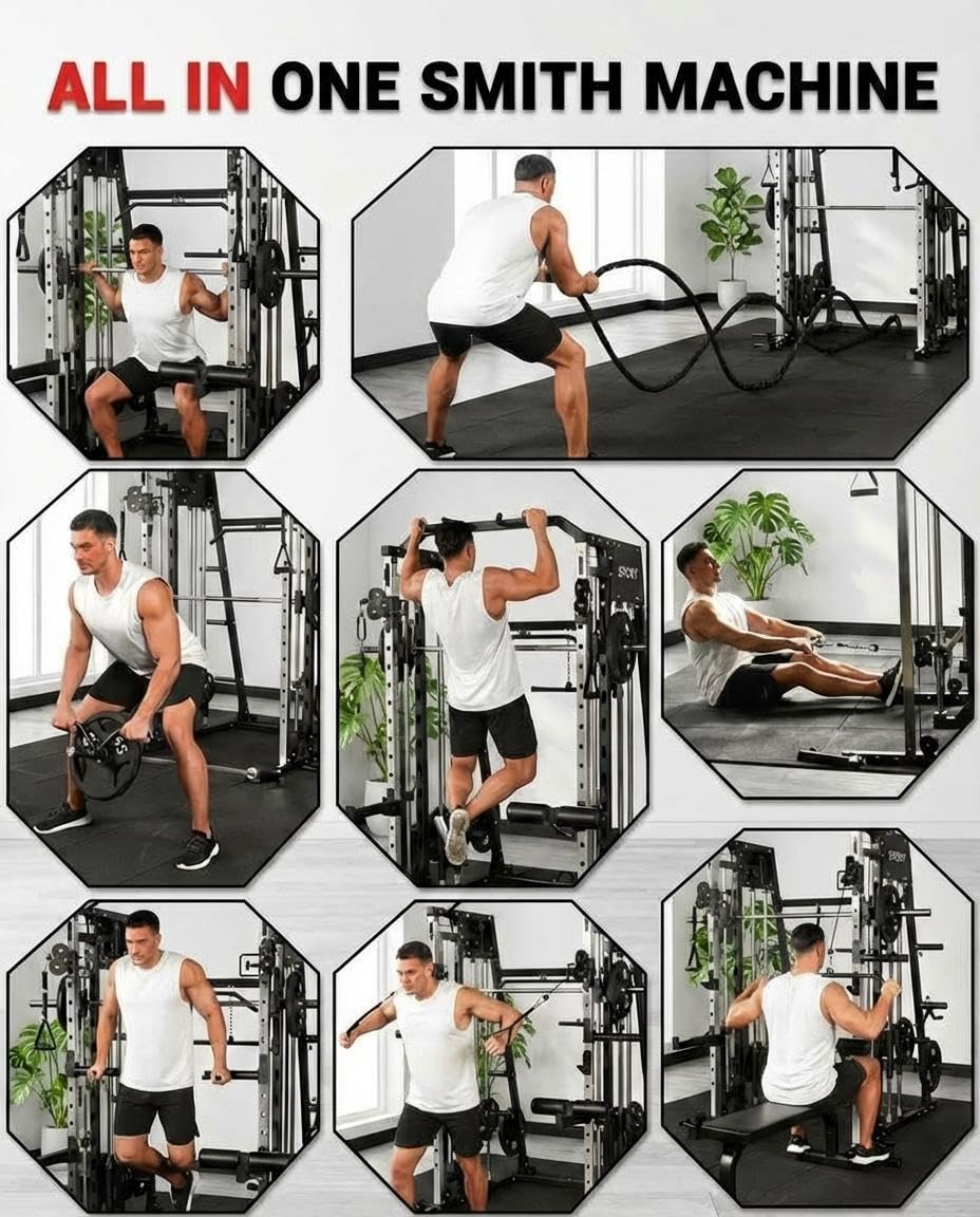 Smith Machine Home Gym All-in-1, 2200LBS Power Cage with Dual Cable Pulley Systems, LAT Pull-Down & Leg Hold-Down | Complete Strength Training Equipment for Full Body Workouts