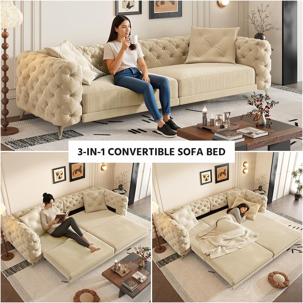 Ball & Cast 3-in-1 Convertible Sleeper Sofa with Movable Ottoman,97.7" Velvet Pull Out Sofa Bed, Modern Button Tufted 4-Seater Sofa Couch with Deep Seat for Living Room, Apartment,Office,Apricot