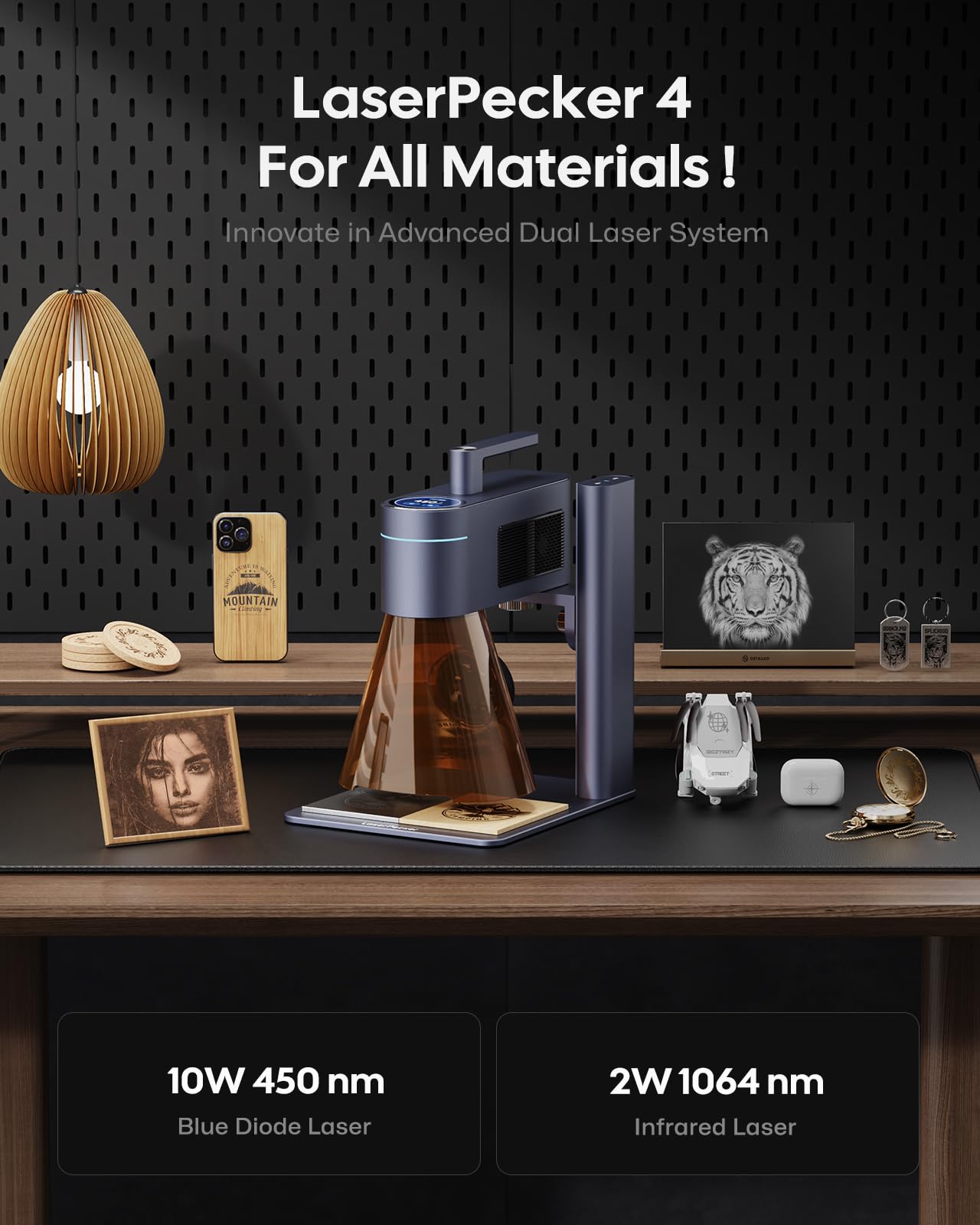 LaserPecker LP4 Laser Engraving Machine (Basic), 2W IR + 10W Diode Dual Laser Engraver 4000mm/s Ultra-Fast Speed Multi-Angle Engraving for Almost All Materials