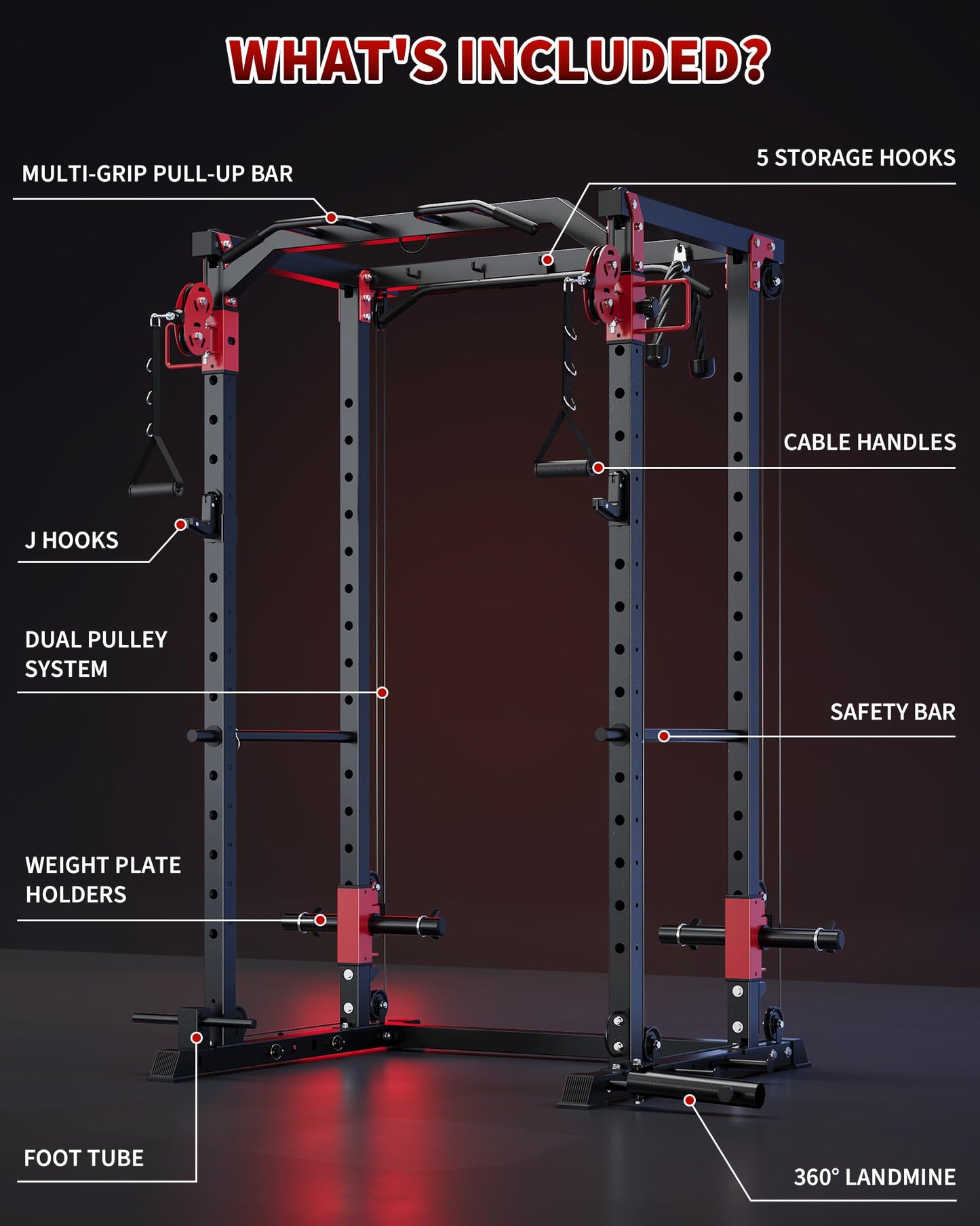GarveeLife Power Cage with Dual Pulley System, 1600LB Multi-Function Squat Rack with Cable Crossover & LAT Pull Down, All-in-One Home Gym Strength Training Cage for Full Body Workout, Red Black