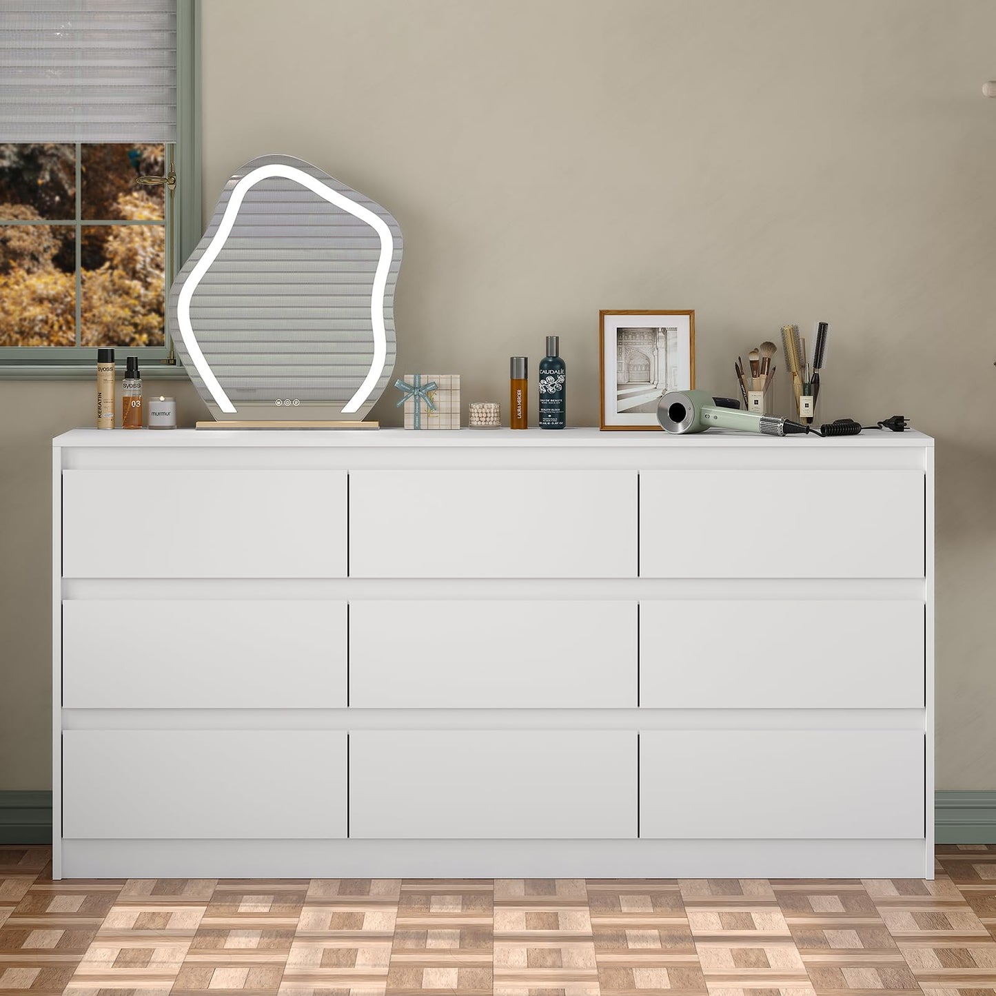 Furniouse Modern 9 Large Storage Drawers Dresser for Clothes Organizer, White Modern Chest of Drawers for Closet, 60" Long Drawer Organizer Cabinet for Bedroom,Living Room,Entryway,Hallway