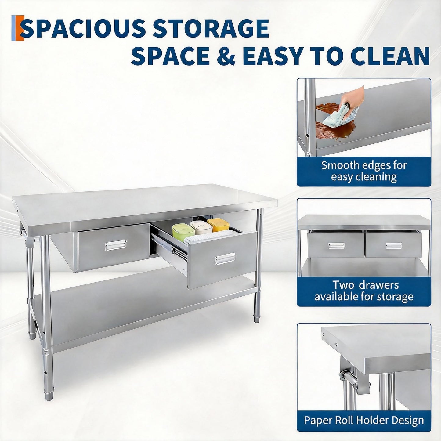 Stainless Steel Table with Drawers, 48"x24" Prep Table for Commercial Kitchen, Heavy-Duty Work Tables Workbench with Adjustable Undershelf for Home Kitchen Restaurant Garage