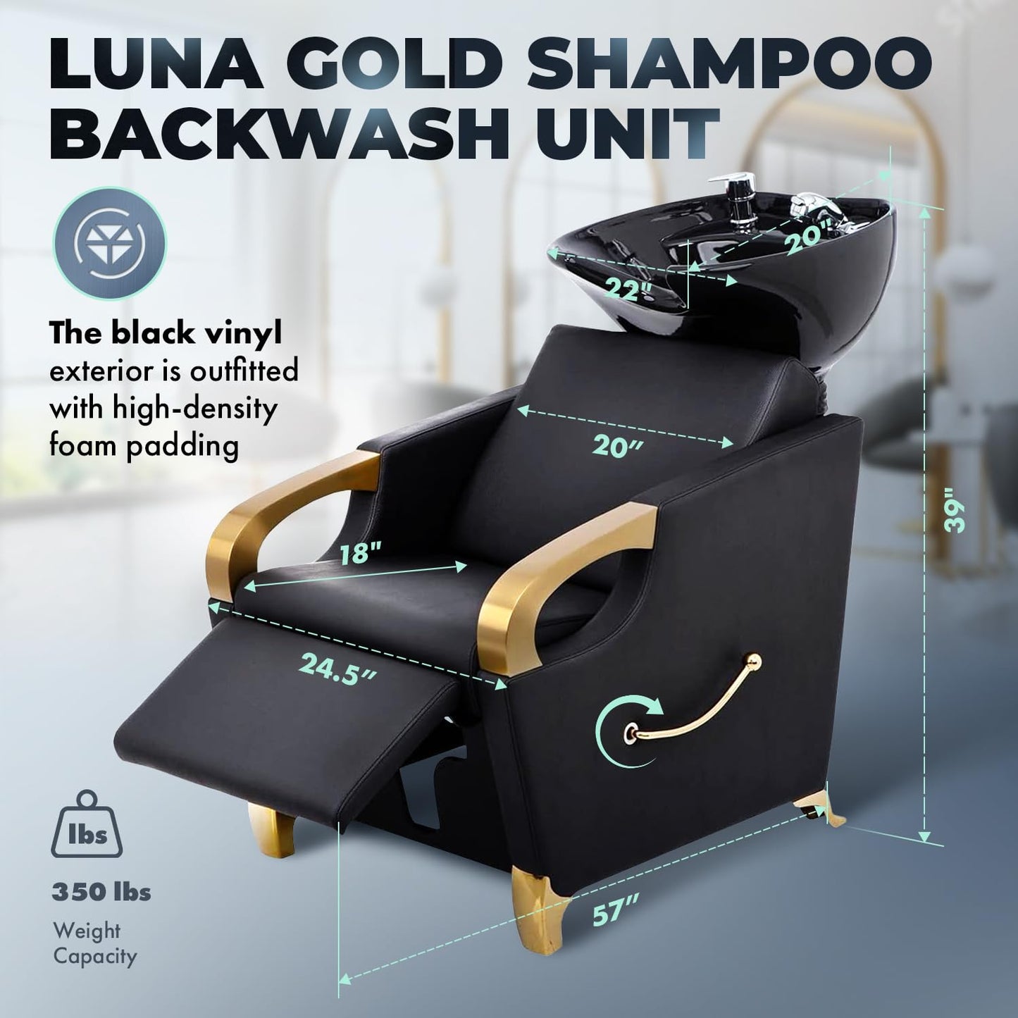 Buy-Rite Luna Gold Shampoo Backwash Unit - Tilting Black Porcelain Bowl, Brushed Gold Armrests, Extra-Wide Seat, Lever Leg Rest, Modern Salon Design, YLG-583-1-GOLD-BLK