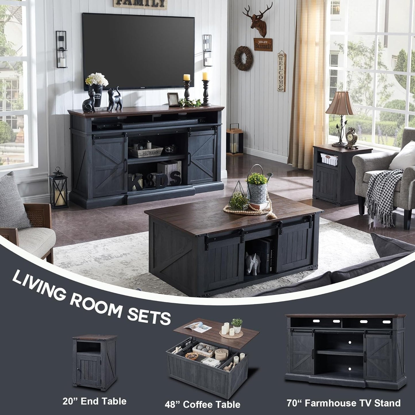 Farmhouse Night Stands Set of 2, 20" End Table w/Charging Station, Rustic Wood Bedside Table w/Groove Barn Door, Side Table with Storage w/Open & Adjustable Shelf for Bedroom, Living Room (Dark Grey)
