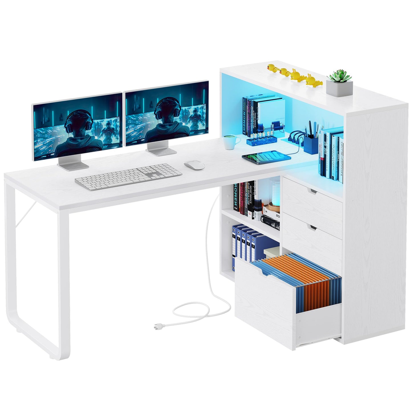 YITAHOME L Shaped Desk with Power Outlets, 55" Computer Desk with Drawers & Bookshelf, Home Office Desk with LED Lights, Corner Desk with File Cabinet, White