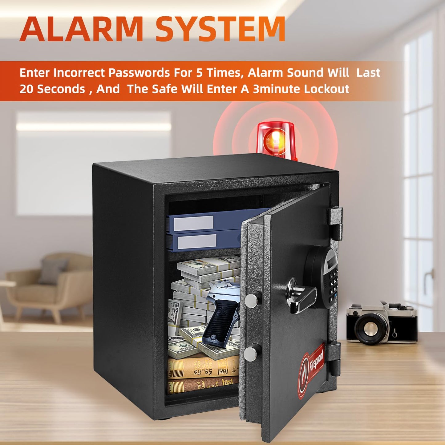 1.6 Cubic Feet Fireproof Safe Box, Fireproof Home Safe for Money, Jewelry, Documents and Valuables W/Digital Keypad, Alarm System, Removable Shelf, Home and Office Use Document Box