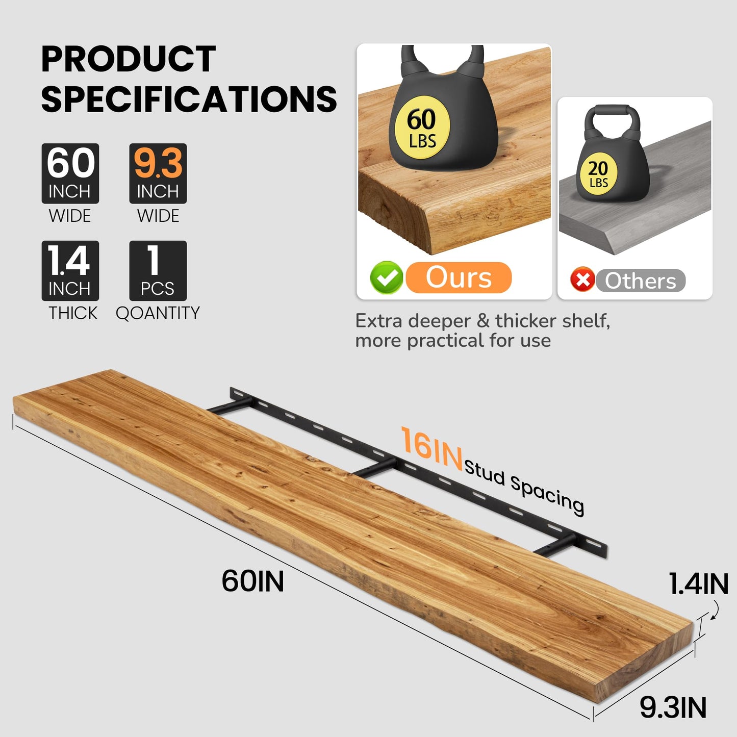 Floating Shelves for Wall, 60"x9.3" Rustic Solid Live-Edge Elm Wood Wall Shelves, Heavy-Duty Floating Shelves with Invisible Brackets for Living Room, Bedroom, and Kitchen, Natural Finish