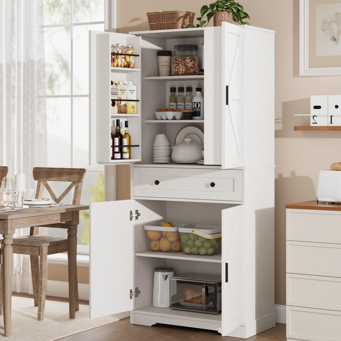 Garvee 71" Kitchen Pantry Cabinet, Barn Door Freestanding Cupboard with Drawer, Sliding Storage Rack, and 6 Hanging Shelves for Kitchen, Dining Room, Living Room Bedroom