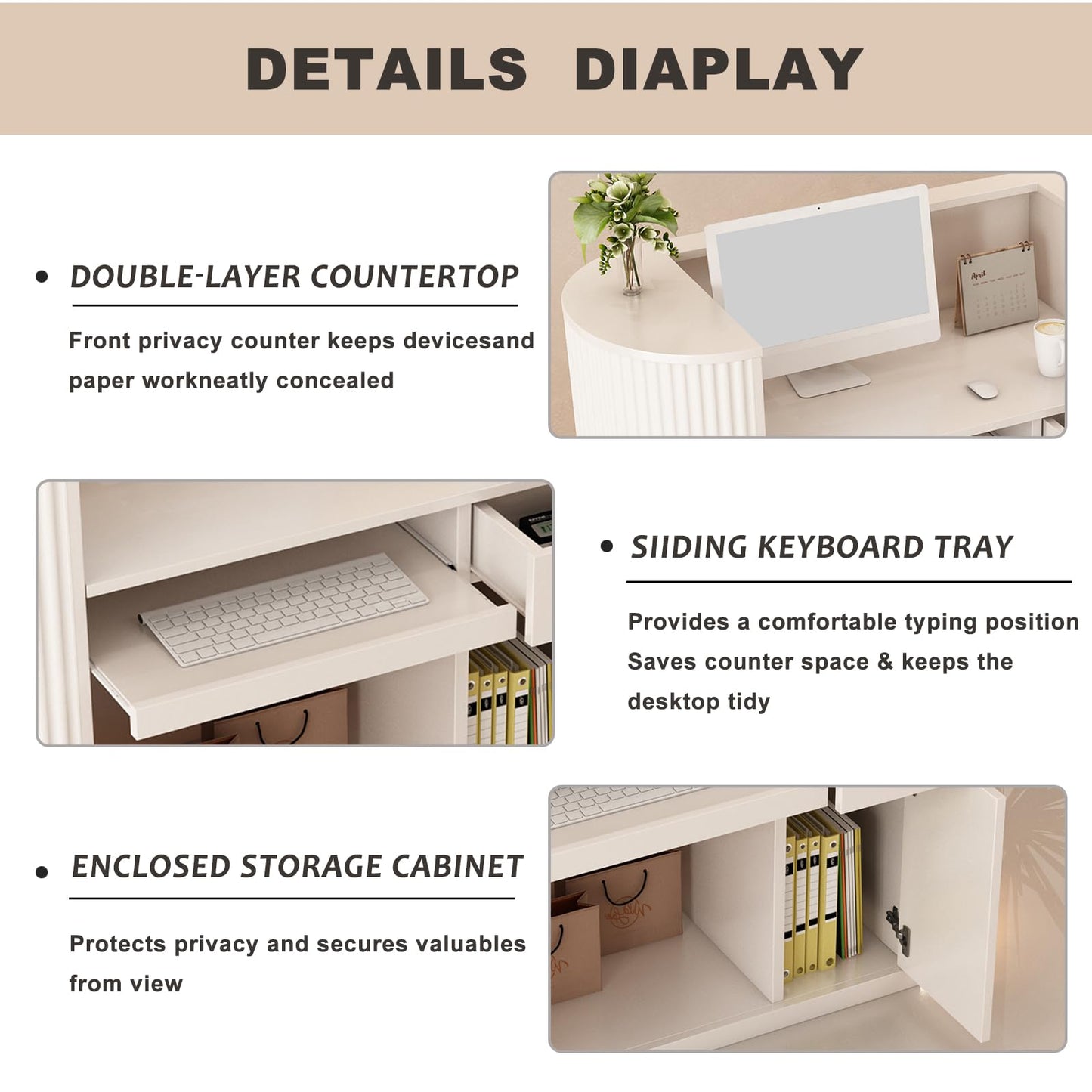 Modern Reception Desk with Counter - Curved Front Checkout Page with Led Lighting, Lockable Drawers, Hidden Cable Management and Wood Construction, Salon Reception Desk for Beauty Salons