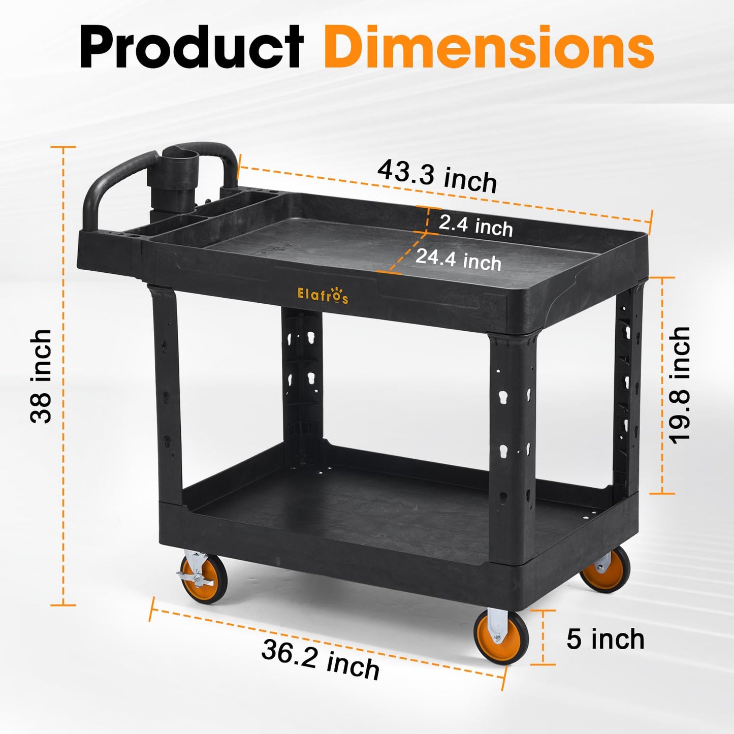 ELAFROS Extra Large Heavy Duty Plastic Utility Work Cart, 43.5 x 24.6 in