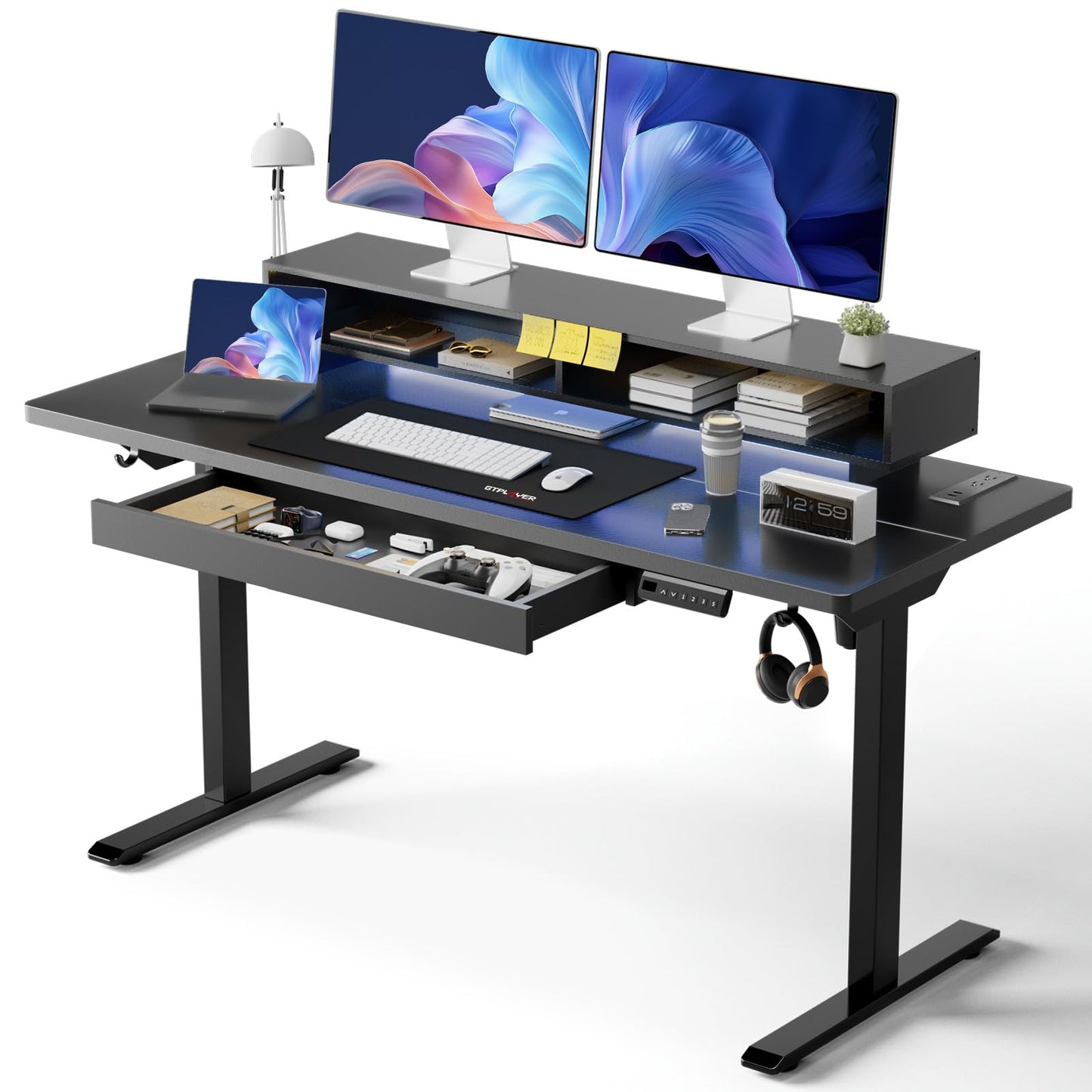 GTPLAYER Electric Standing Desk with Drawers, 48 x 24 Inch Height Adjustable Gaming Desk with Monitor Stand, Power Outlets & LED Lights, Home Office Sit Stand Up Desk with Memory Preset (Ebony Black)