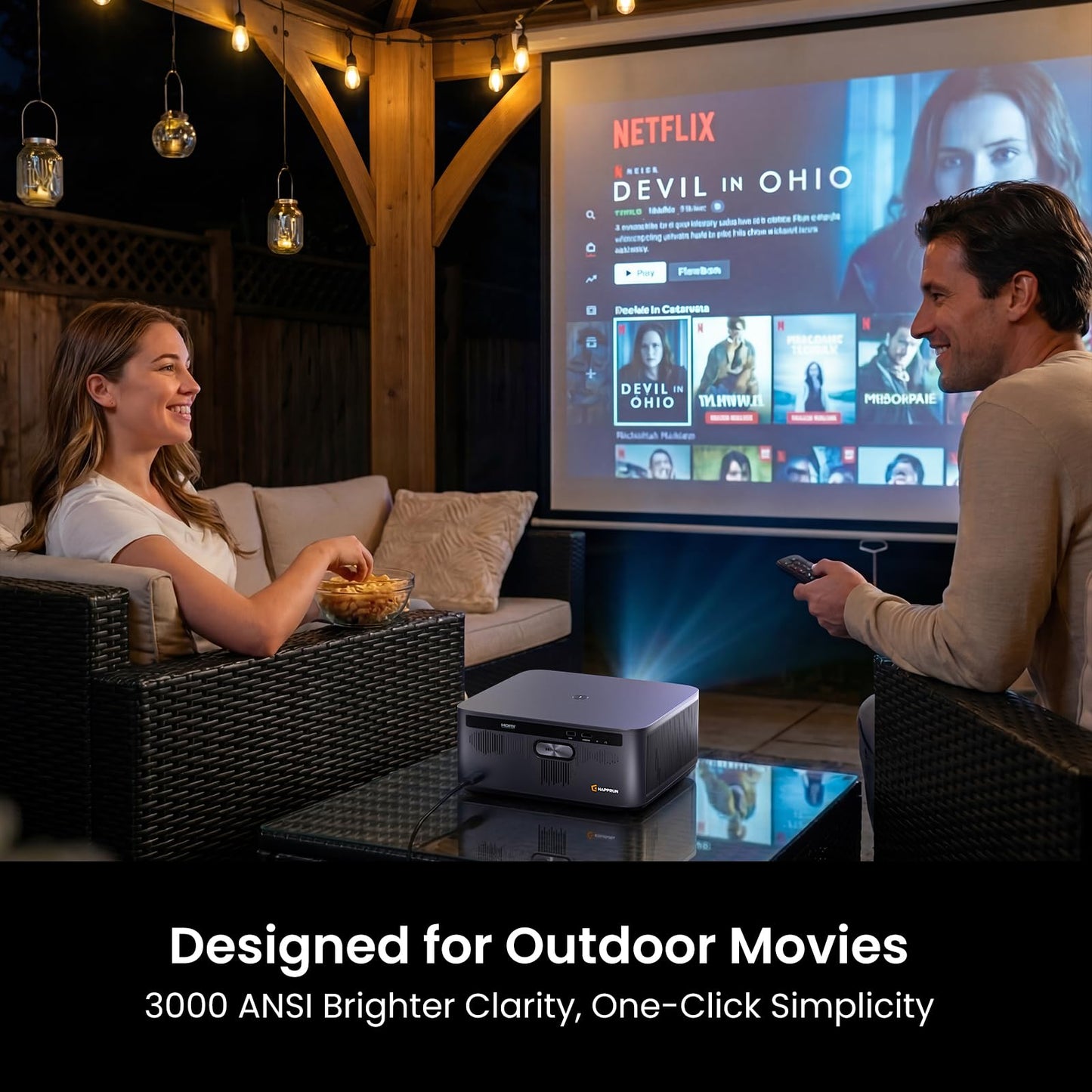 HAPPRUN 3000 ANSI Lumens Outdoor Projector with Official Google TV, 4K Supported Smart Movie Projector, Dolby Audio, Auto Focus & Keystone, WiFi 6 and Bluetooth for Indoor & Outdoor Movies,Black
