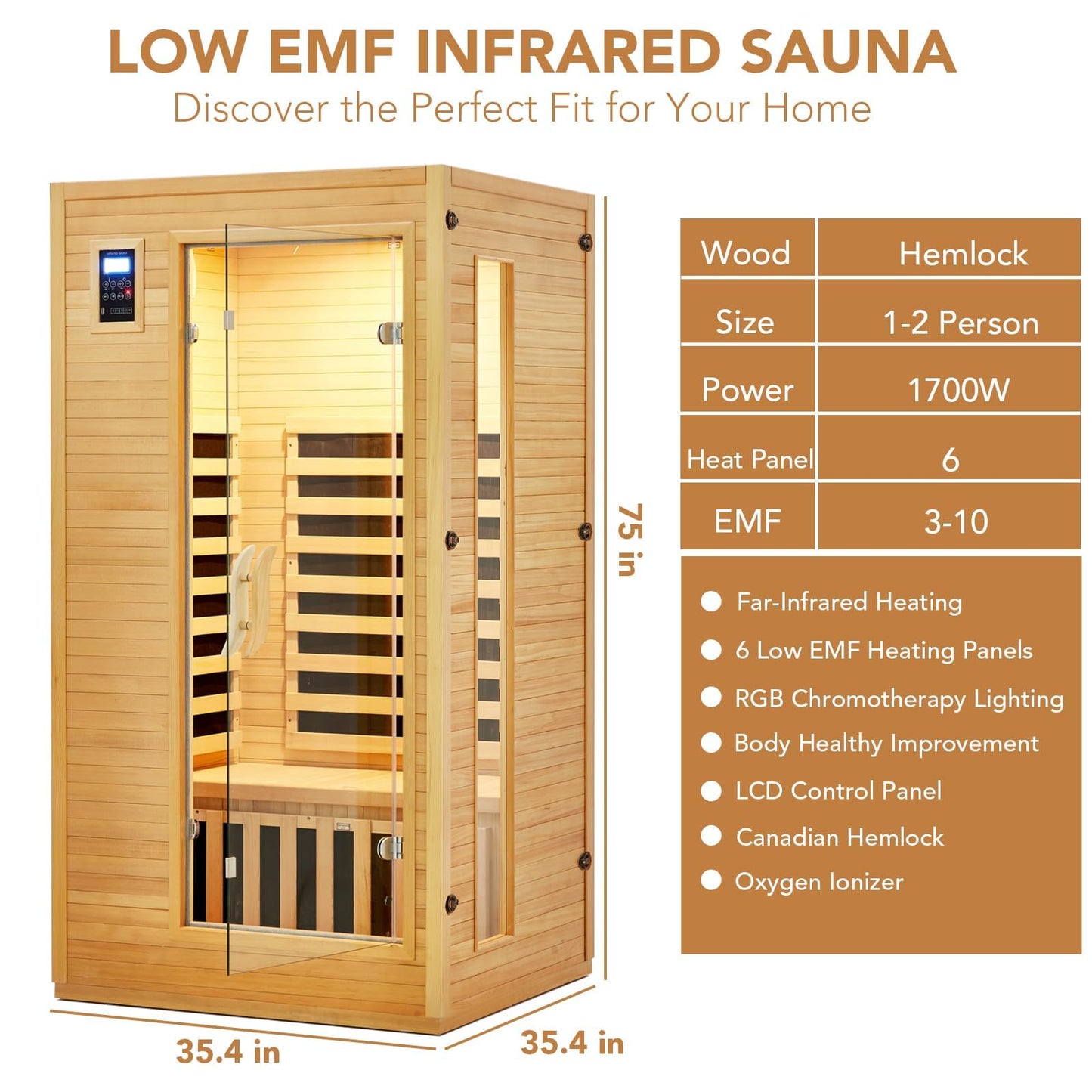 1 To 2 Person Infrared Sauna for Home, Low EMF Far Infrared Therapy with 6 Heating Plates, Canadian Hemlock Wood Dry Sauna Room with Chromotherapy Light, Bluetooth Speaker & Dual Controls, Home SPA