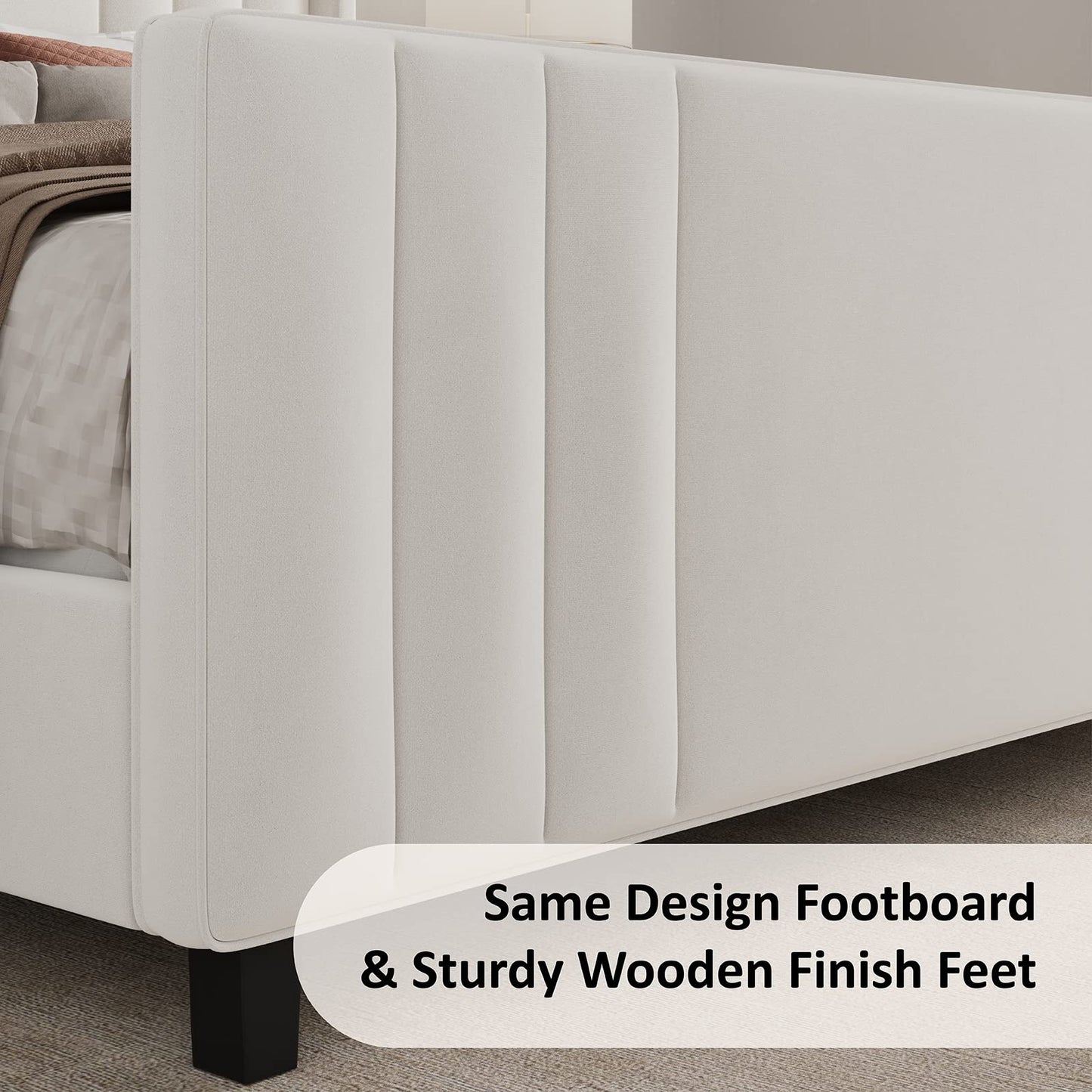 Albott Queen Size Platform Bed Frame, Upholstered Bed with Vertical Channel Tufted Wingback Headboard & Footboard, Premium Velvet, No Box Spring Needed, Cream