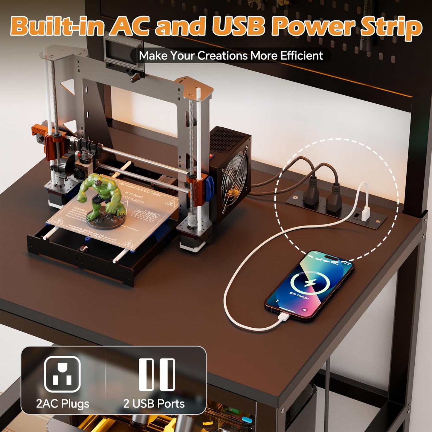 3D Printer Stand with Filament Storage Workbench,3D Printer Table with Charging Station & LED Lights,Heavy Duty Rolling Printer Desk with Pegboard for Workshop,Office,Garage