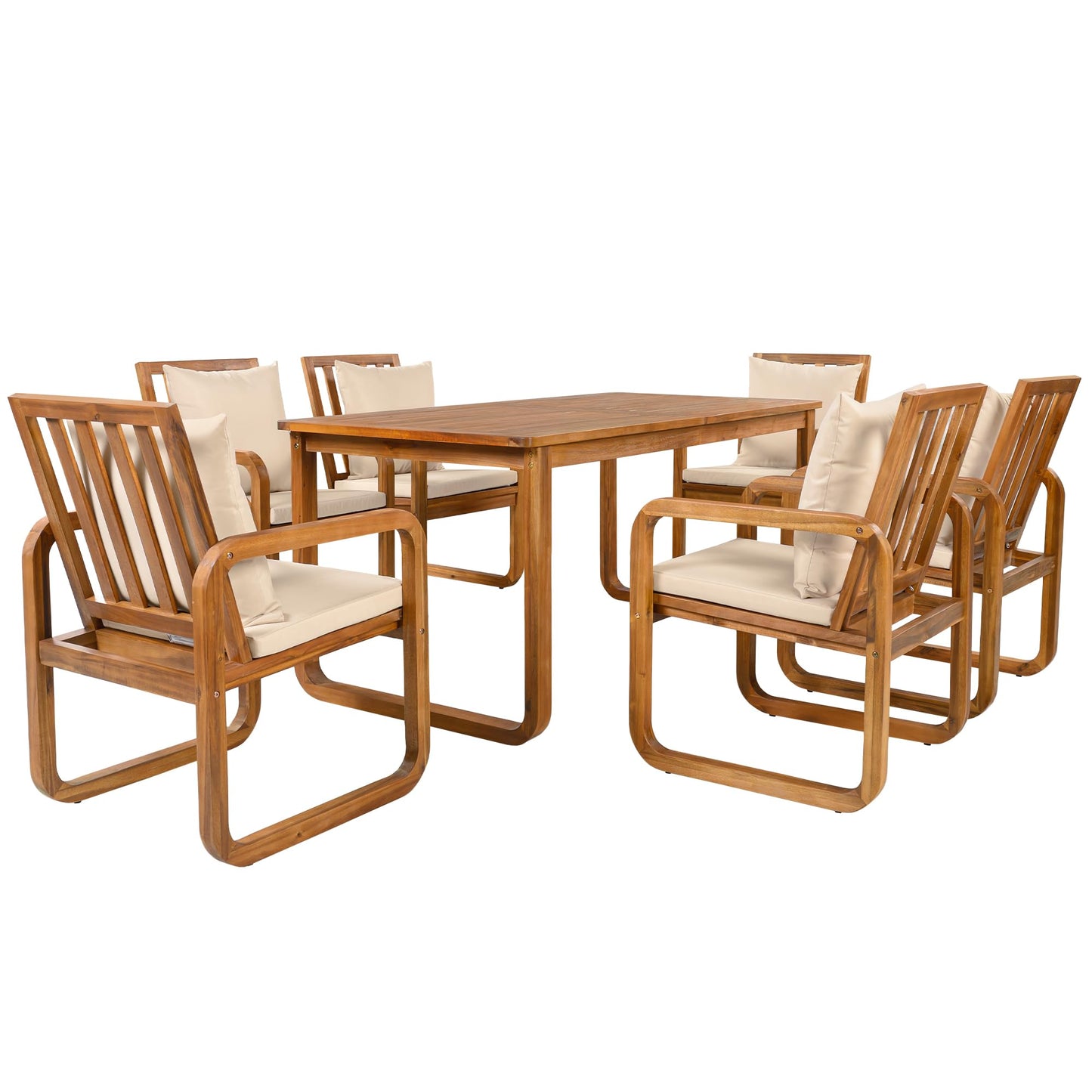 Merax 7 Pieces Patio Dining Set, Outdoor Acacia Wood Furniture for 6, with Table and Removable Cushioned Chairs for Backyard, Brown