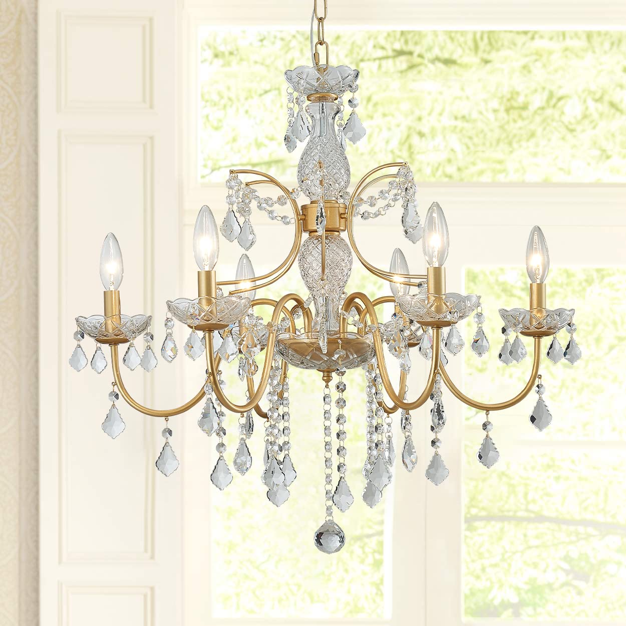 Bestier Crystal Candle Candelabra Chandelier 6 Light Pendant Light 26in Diameter x 26in Height Gold Finish Model AK-AJ-18174