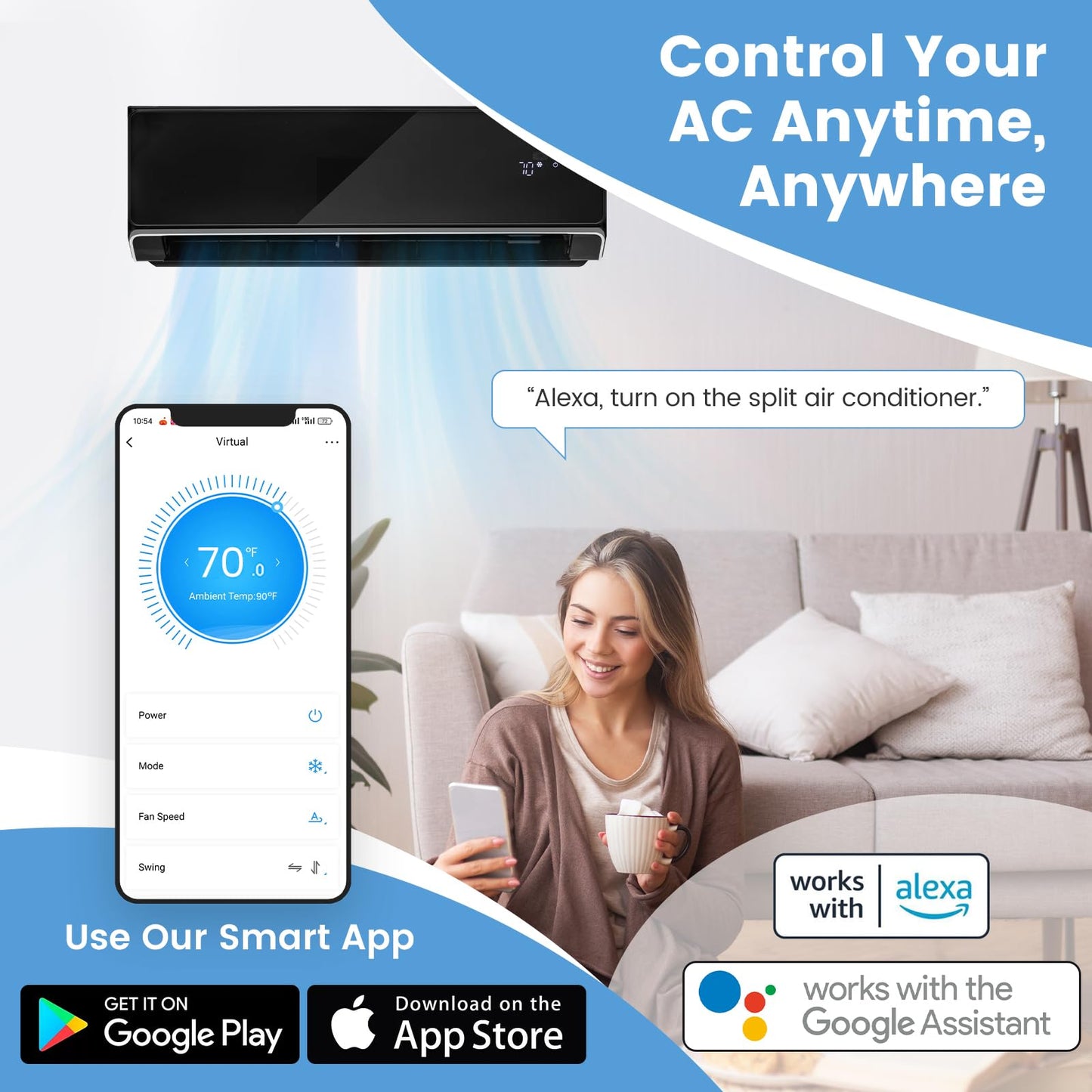 GLACER 12000 BTU Mini Split Air Conditioner & Heater, 22 SEER2 Inverter AC Unit Cools Up to 750 Sq. Ft, Wall-mounted Tubeless Split-System with Mounting Kit (Black, 12000BTU, 208-230V, 22 SEER2-WIFI)