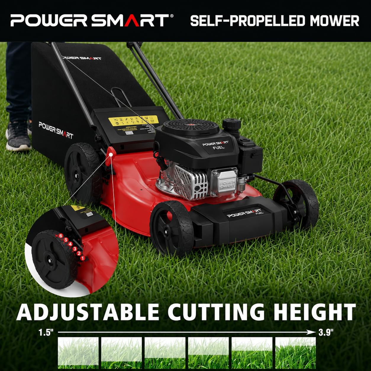 PowerSmart 21" Gas Self-Propelled Lawn Mower for Hills & Medium Yards | 170cc OHV | 3-in-1 Mulching/Bagging/Discharge | 6-Position Height | Alloy Steel Deck | Easy Start | Rear-Wheel Drive