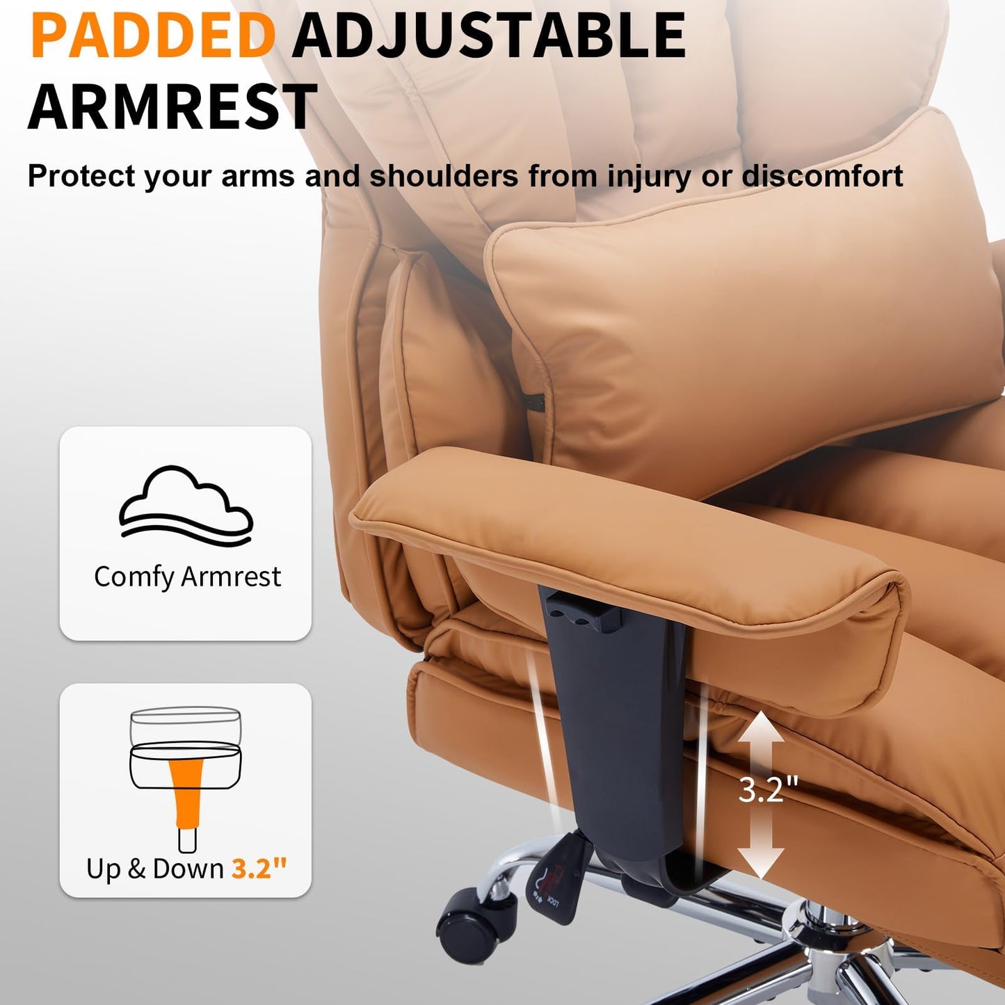 Big and Tall Office Chair, 400lbs Executive Leather Office Chair with Footrest, Ergonomic Gaming Chair for Adults, High Back Desk Chair with Lumbar Support, Wide Seat, 150 Degree Reclining, Brown
