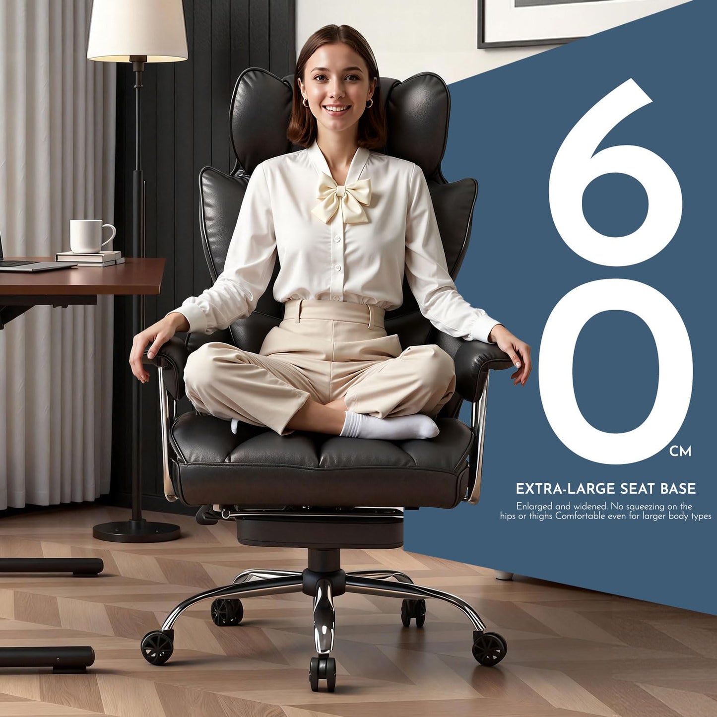 Efomao Big and Tall Office Chair with Foot Rest 400LBS, PU Leather Computer Chair, Heavy Duty Executive Office Chair with Lumbar Support, Black Home Office Chairs