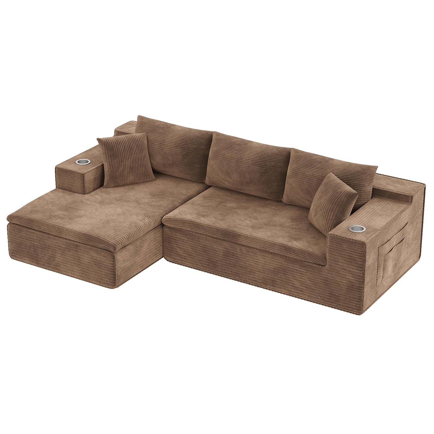 Homall 109" Boneless Couch with Memory Foam, Modular Sectional Sofa with L-Shape Chaise, Cloud Couch with Deep Seat, Dual Cup Holders & Side Pockets, No Assembly Required (Brown)