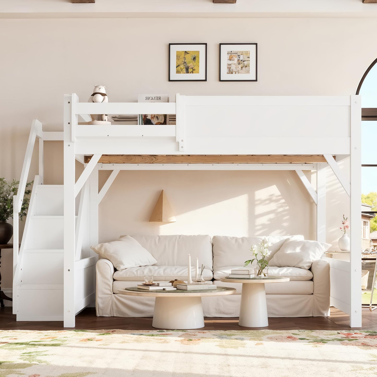 KEIKI Solid Wood Queen Size Loft Bed Frame with Stairs, Built-in Wardrobe and Storage Space, Queen Loft Bed with Shelves, Queen-Length Guardrails, No Box Spring Needed for Bedroom, Light White