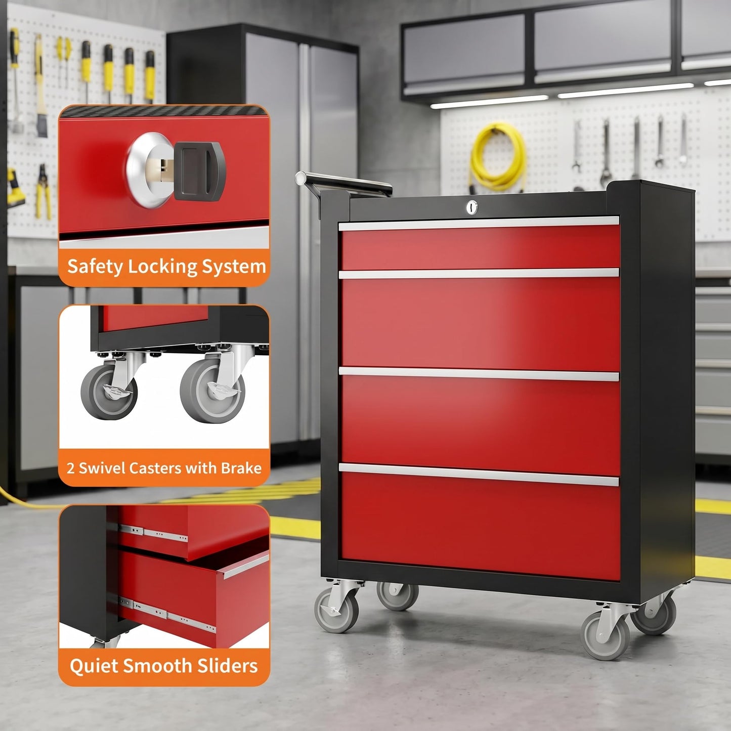 IDEALHOUSE Rolling Tool Chest, 5 Drawers Tool Storage Cabinet, Toolbox with Wheels, Portable Tool Cabinet Organizer with Locking System & Drawer Liners, Tool Storage Cart for Garage, Workshop