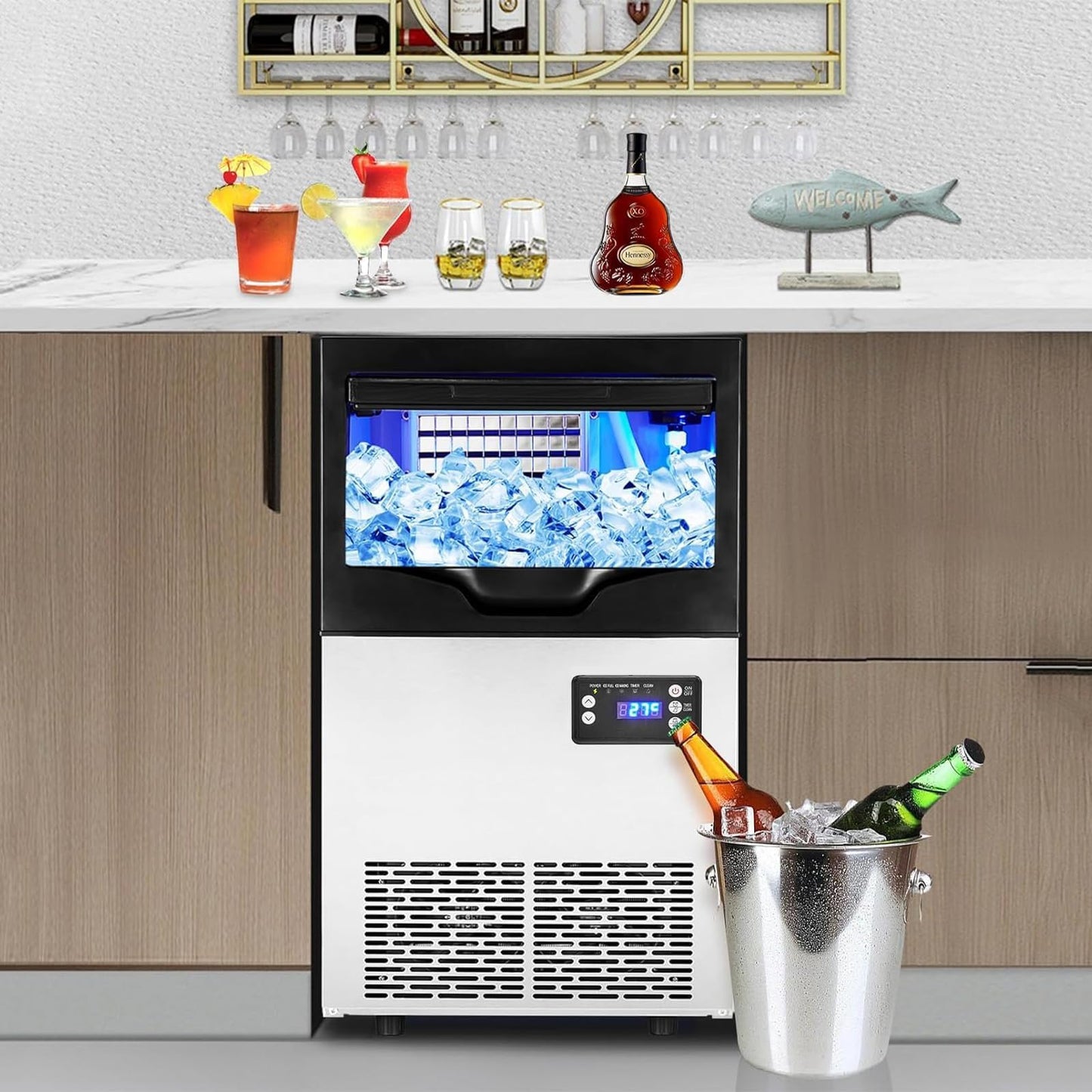 GarveeHome 100 LBS/24Hrs Commercial Ice Maker, 100 LBS Storage, Under Counter/Freestanding, LCD Controller, Self-Cleaning, Stainless Steel for Restaurants/Bars/Kitchens