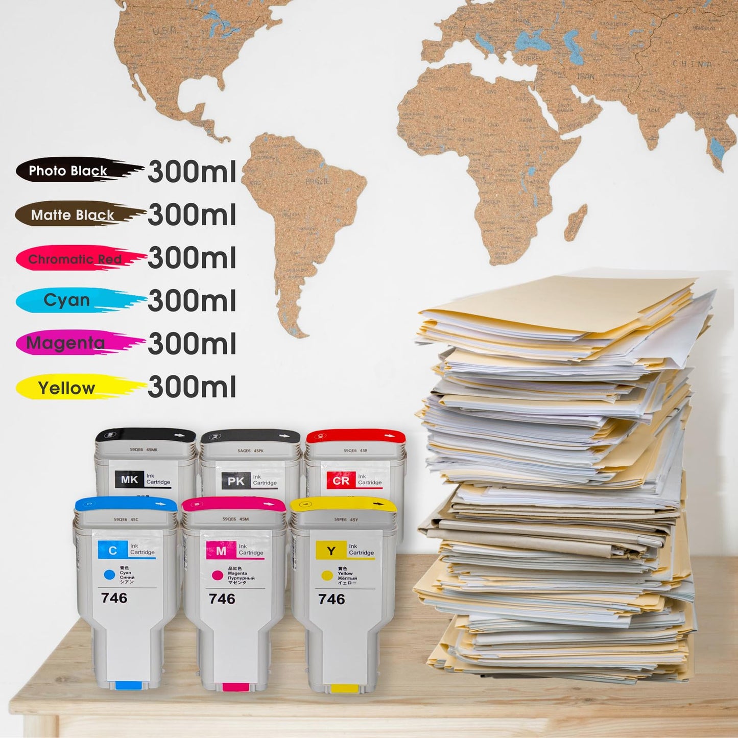 SavFinto 746 746XL Ink Cartridge High-Capacity (300-ml X 6) Compatible with HP DesignJet Z6 & Z9+ Large Format Printer Ink 746XL (P2V82A P2V83A P2V81A P2V80A P2V78A P2V79A，PB/MBK/R/C/M/Y, 6-Pack)