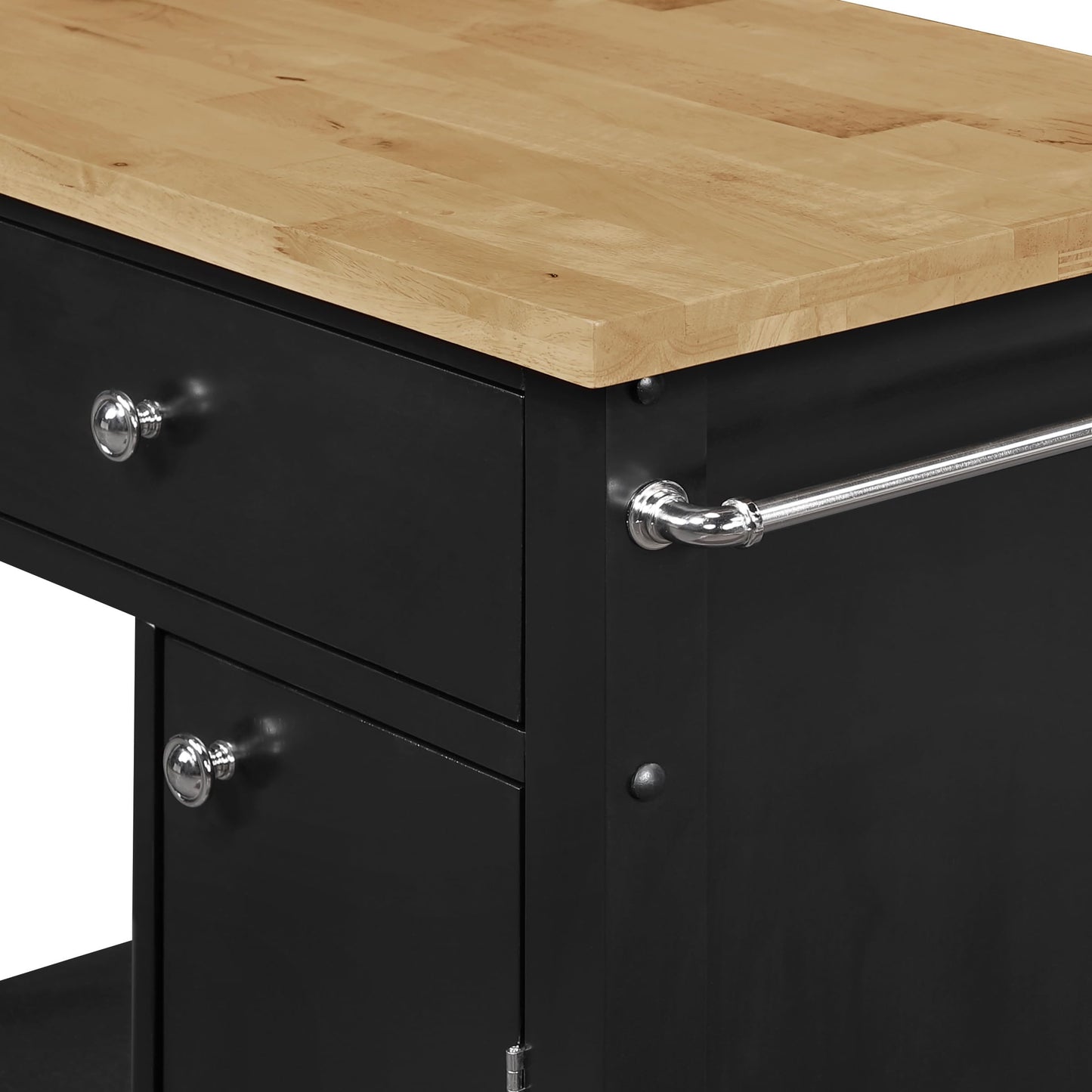 OSP Home Furnishings Derry Modern Farmhouse Kitchen Cart with Natural Butcher Block Top, Rolling Storage Cabinet with Drawer, Shelves, Hooks, Black Finish