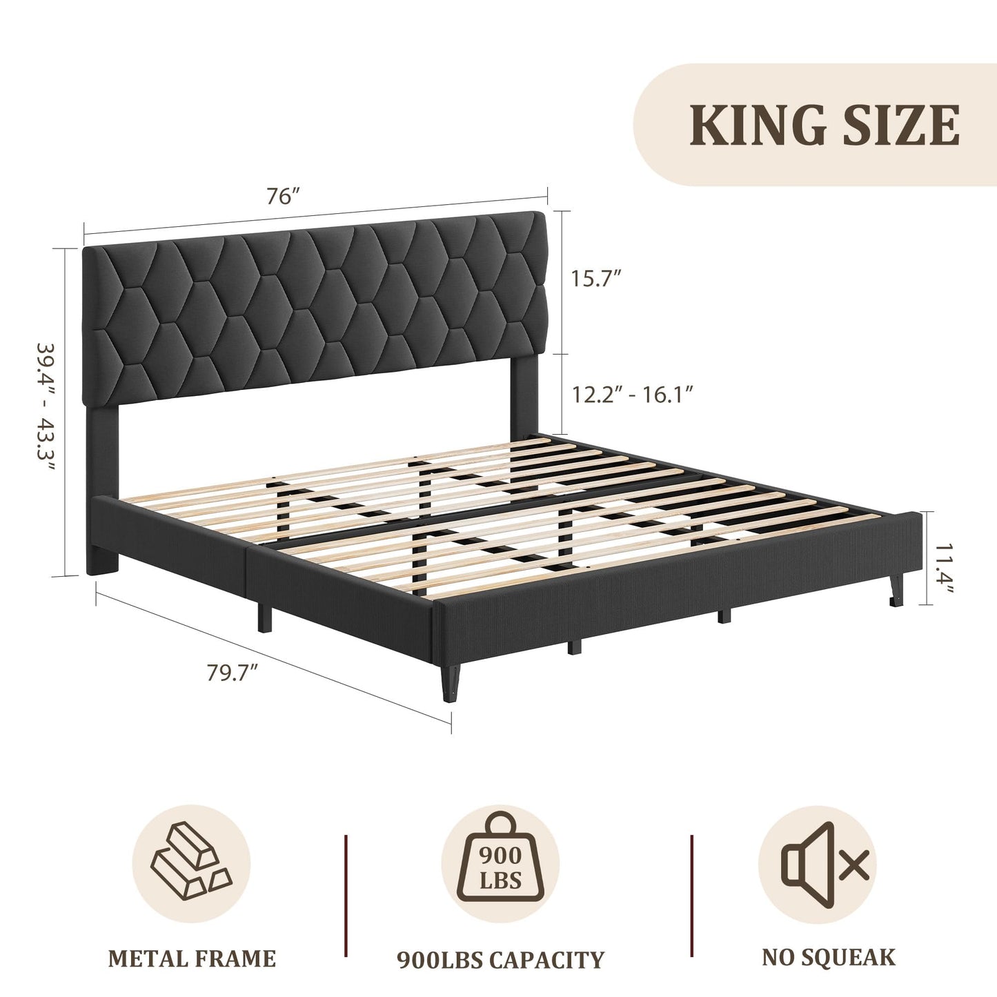 Garvee King Size Bed Frame, Platform Bed Frame with Upholstered Adjustable Headboard, Mattress Foundation with Strong Wooden Slats Support, No Box Spring Needed, Noise Free, Easy Assembly, Gray