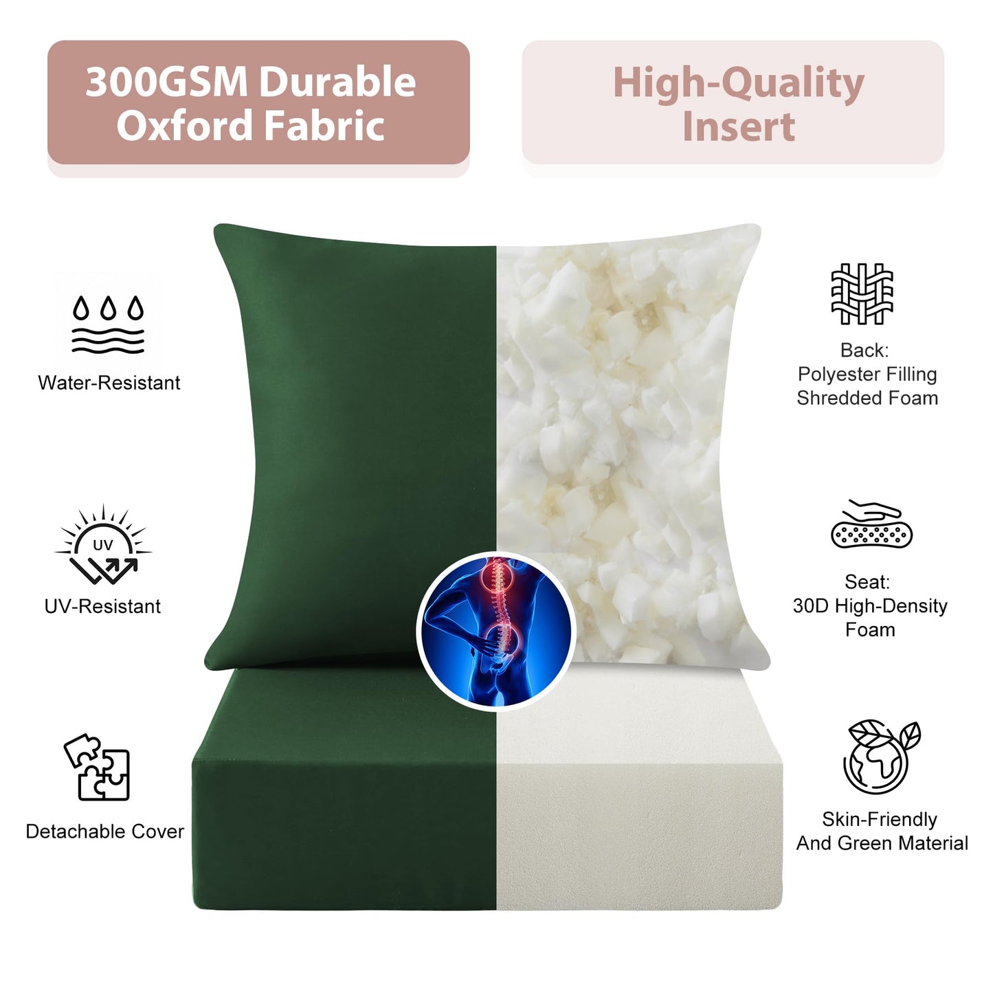 MuaMelop Outdoor Deep Seat Cushion Set, 24x24 Inch Water-Resistant & Fade-Resistant Outdoor Chair Cushions, Patio Furniture Cushions with Removable Cover for Patio Chair, Sofa, Forest Green (Set of 4)