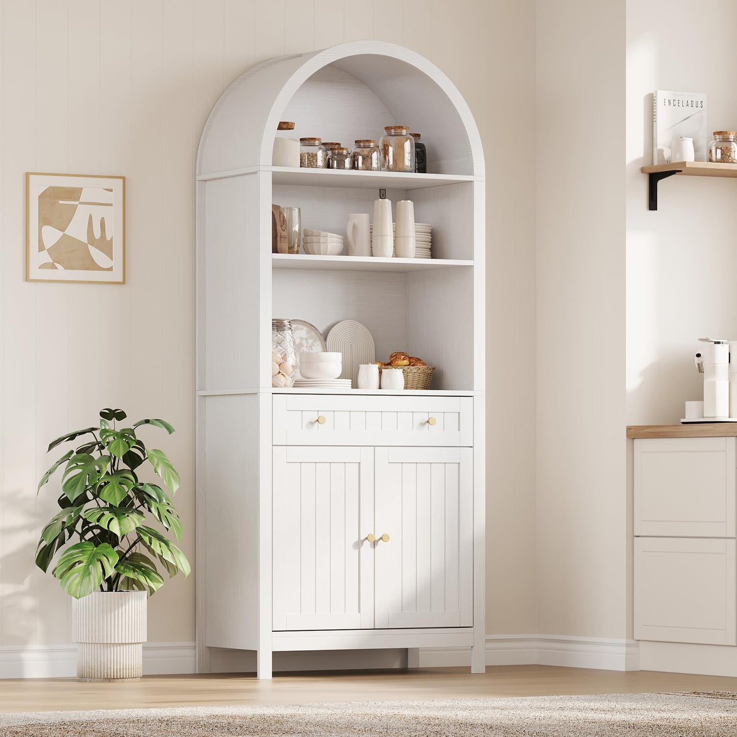 GarveeHome 73" Tall Arched Pantry Cabinet with 1 Drawer, 3-Tier Bookshelf, Bookcase, Kitchen Storage Cabinet with Doors and Adjustable Shelves, for Dining Room and Livingroom