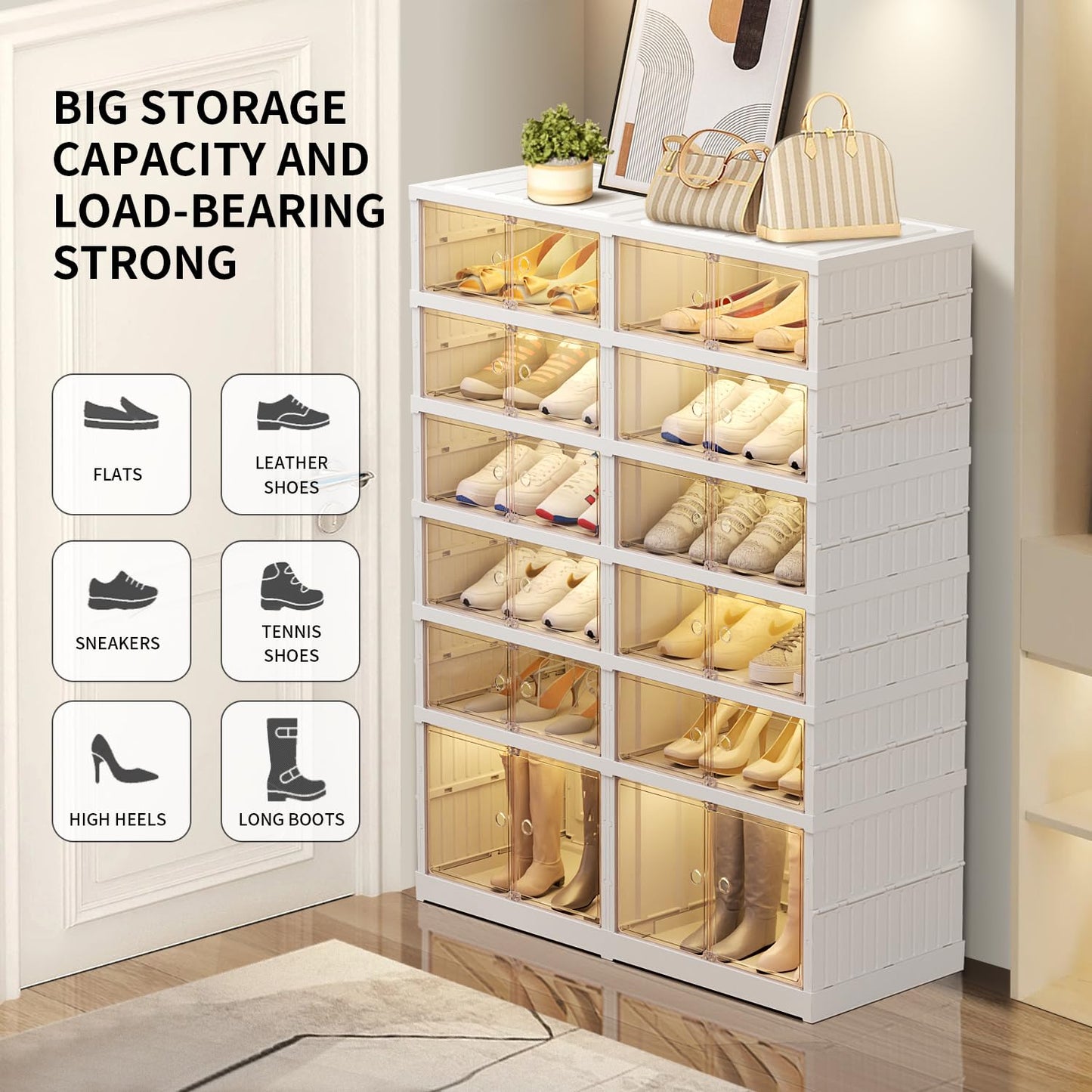 EHAMILY 6 Tier Foldable Shoe Rack Organizer for Closet 12-24Pairs Plastic Collapsible Shoe Shelf for front door entrance Stackable Clear Folding Shoes Storage Boxes XLarge Shoe Cabinet