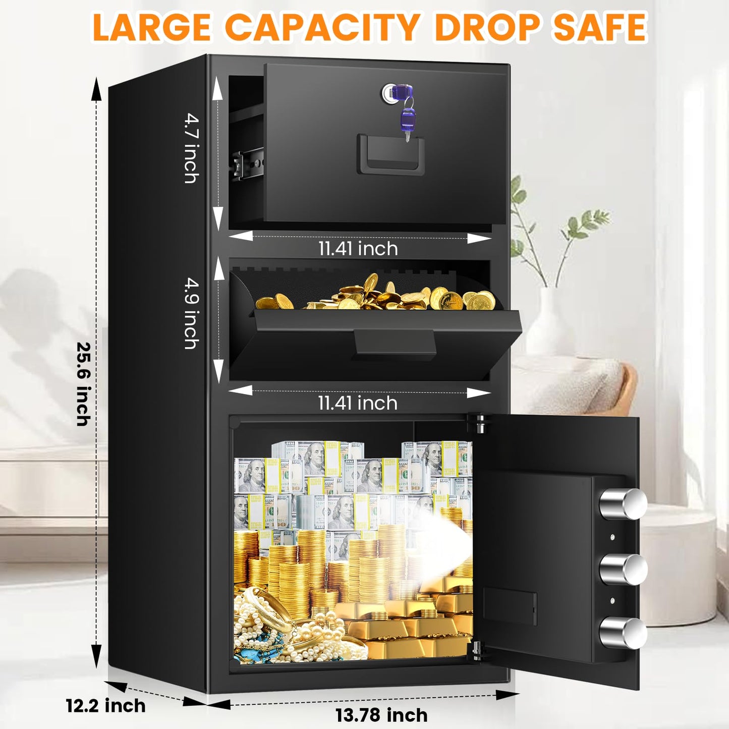 5.6 Cuft Large Drop Safe Box for Business, Anti-theft Money Safe with Quick Place Drop Slot, Digital Keypad, Spare Key, Heavy-duty Cash Depository Safes for Commercial Business Bars Retail Office Home