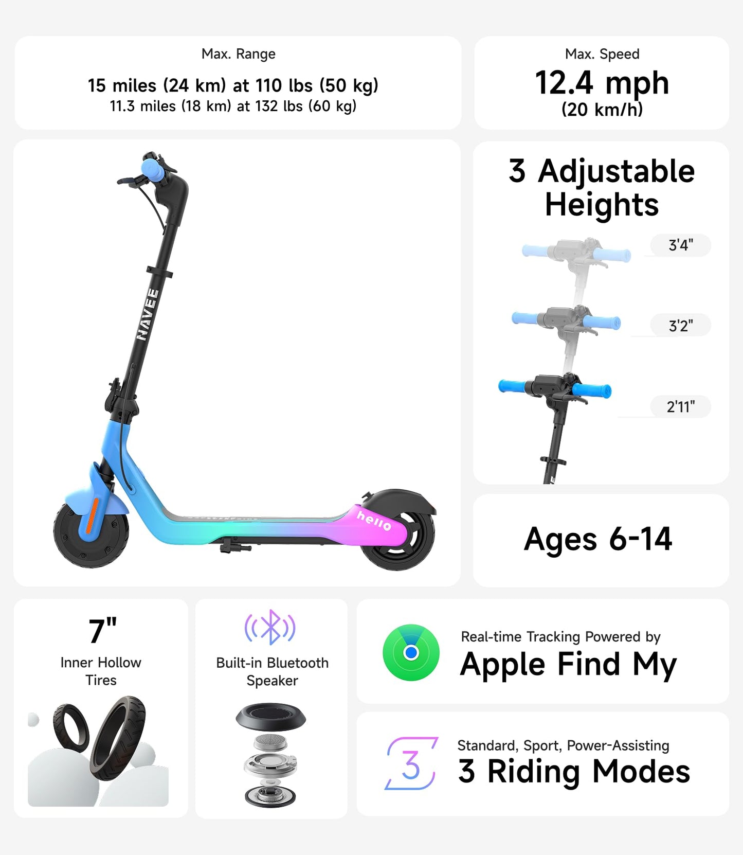 NAVEE K100 Max Electric Scooter for Kids - Parental APP Speed Control & 3-Level Adjustable Height for Ages 6-14, UL2272 Certified, 260W Motor & 10 mph, Perfect for Neighborhood Fun