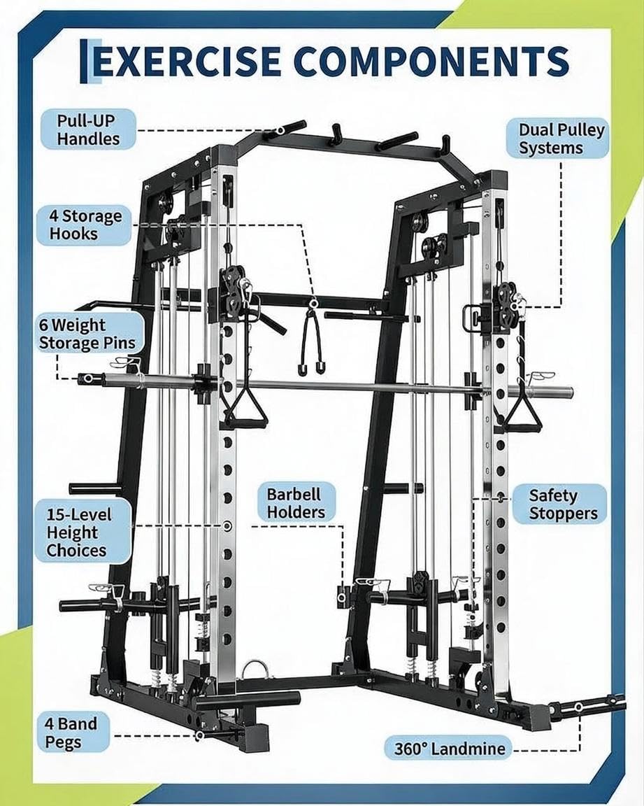 Smith Machine Home Gym, 2200lbs Squat Rack Power Cage with LAT-Pull Down System & Cable Crossover Machine, Multi-Function Training Equipment with Leg Hold-Down Attachment