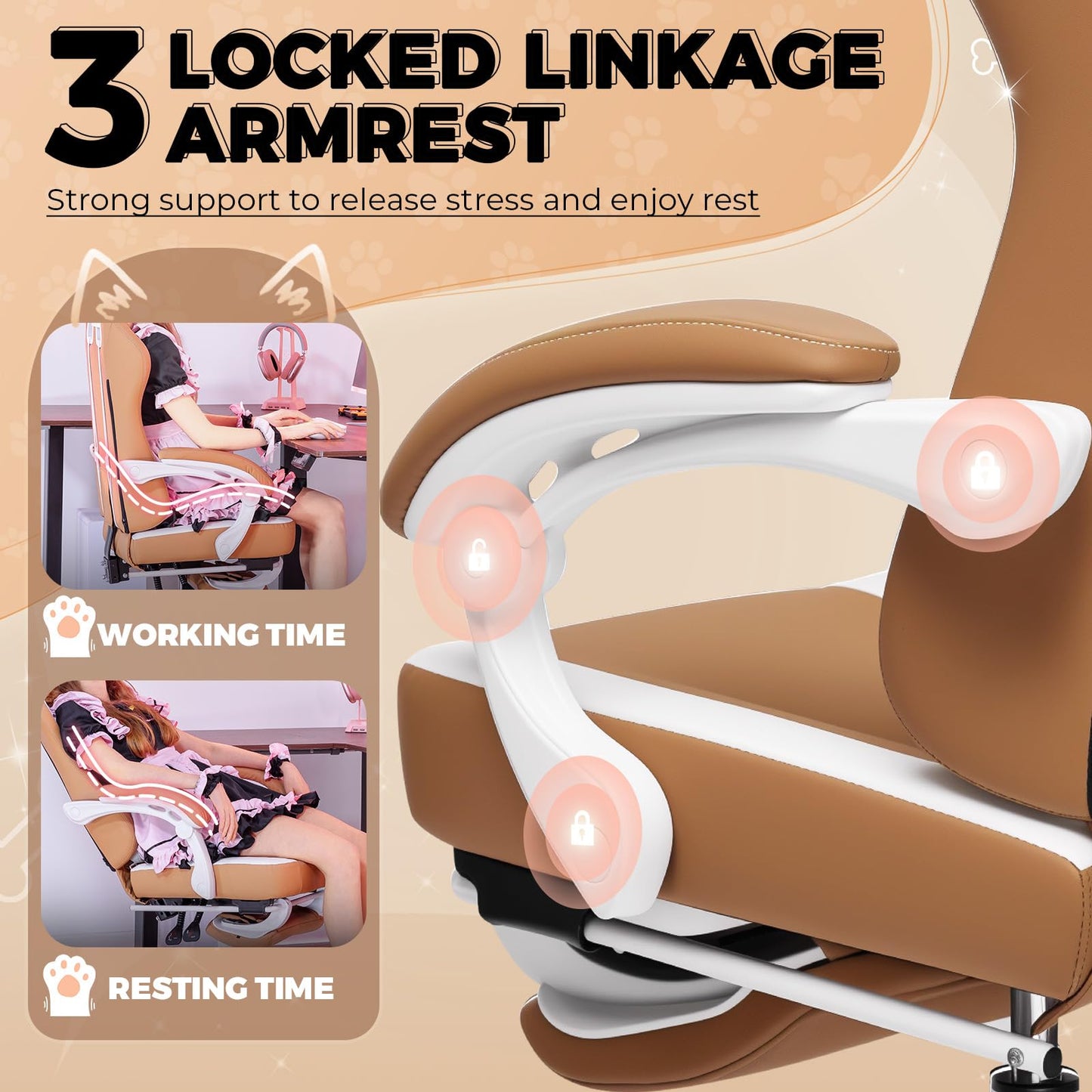 GTPOFFICE Gaming Chair Cute with Cat Ears, Ergonomic Computer Chair with Footrest Cat Paw Lumbar Support Comfortable Reclining Game Chair Desk Chair for Adult,Teens, Soft Fabric,Soft-Red