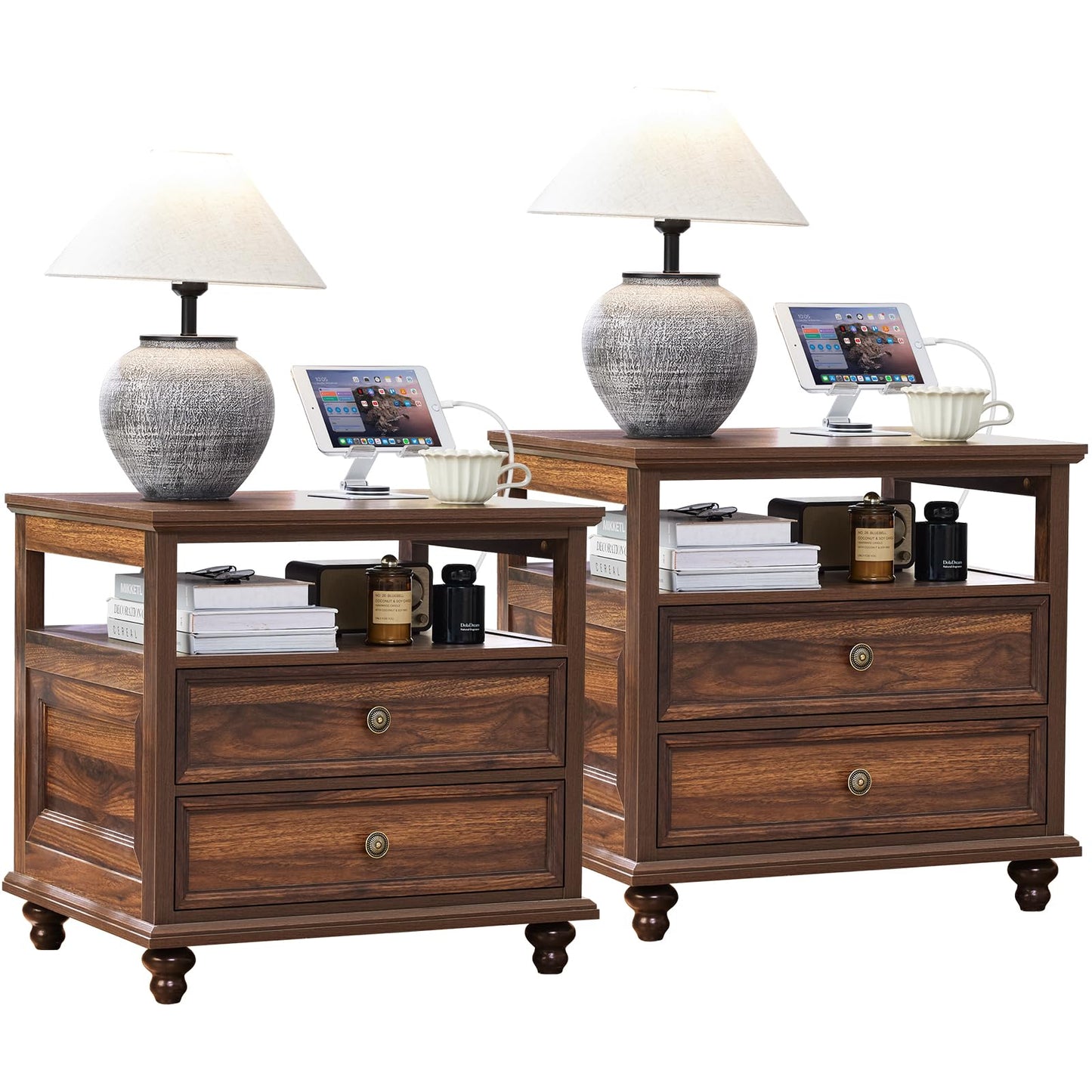 Joaxswe 24" Wide Farmhouse Night Stand Set of 2,Large End Table with 2 Drawers & Metal Handle,Brown Wood Dresser for Bedroom, Bed Side Table Chest of Drawers Cabinet, Nightstand for Living Room,Closet