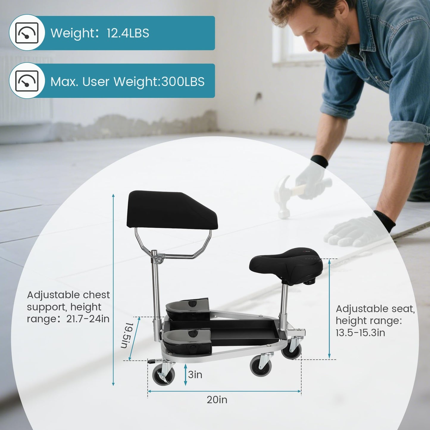 Kneeling/Sitting Creeper With Chest Support And Rolling Knee Pads, Featuring 3" Casters And Brake,300-Pound Capacity,Equipped With A Tool Tray For Tiles, Parquet, Cleaning Or Other Floor Work
