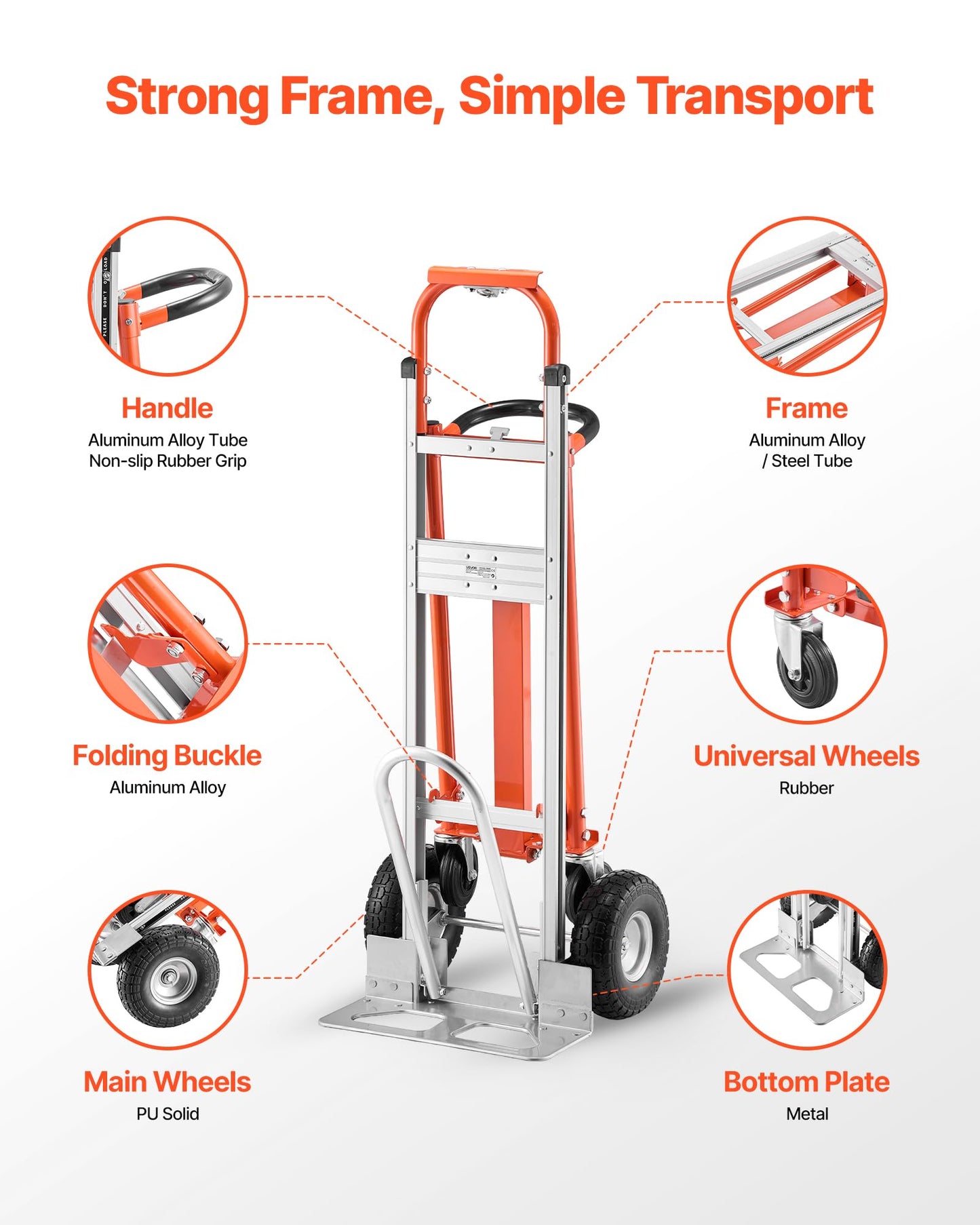 VEVOR 4 in 1 Hand Truck, 1000 lbs Load Capacity for 4-Wheel Mode, Convertible Hand Truck Dolly with Non-Slip Handle & Wheels, Aluminum Alloy Portable Trolley Dolly for Moving Home, Office, Warehouse