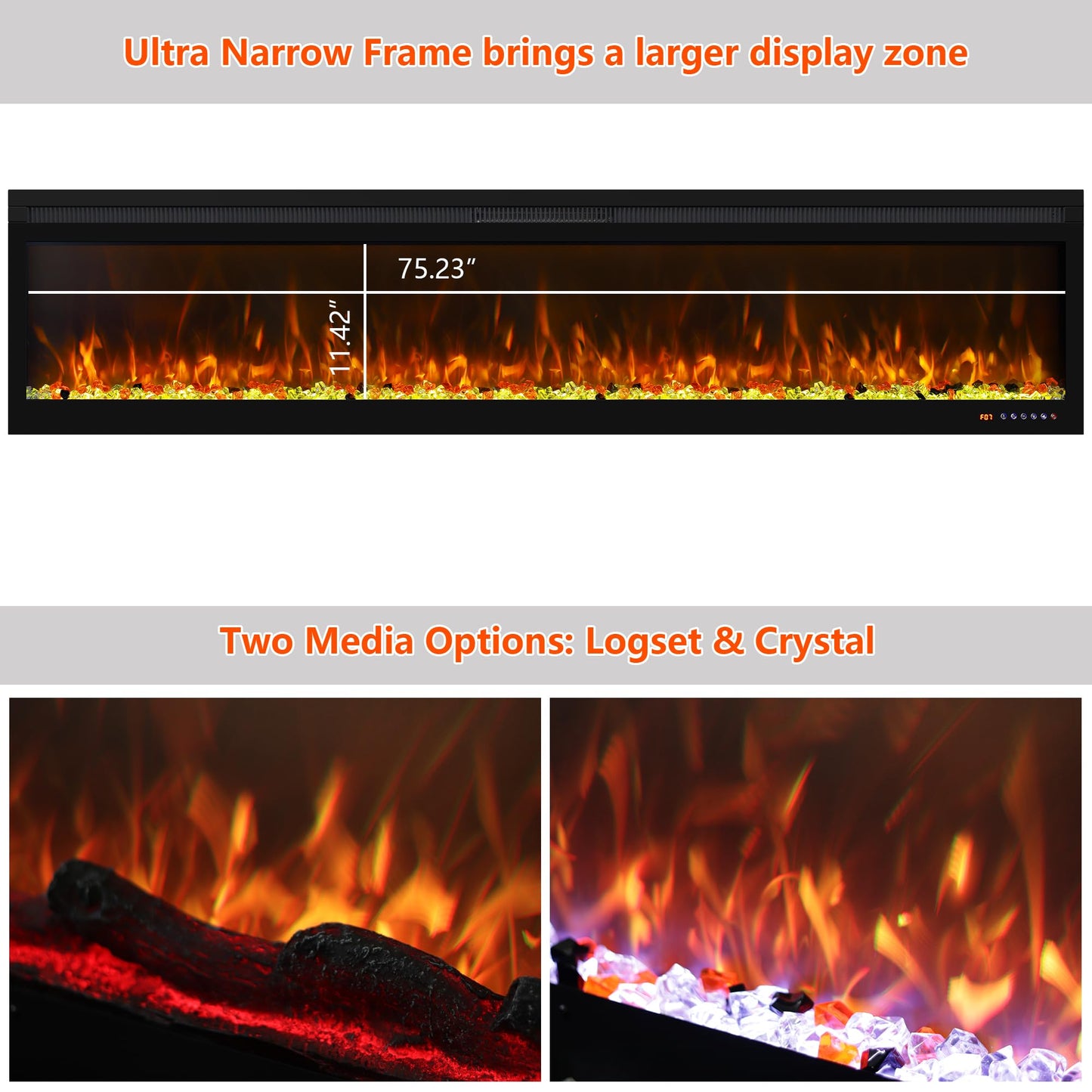 Oxhark Flame Narrow Frame WiFi Electric Fireplace 78 Inch, Wall Mount or in-Wall Recessed Fireplace Heater, App/Remote Control,Adjustable Flame Effects, 9H Timer & Low Noise, 750W/1500W, Black
