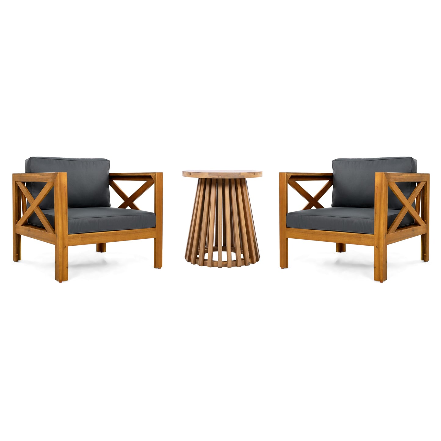 Christopher Knight Home Lucy Acacia Wood Outdoor Patio Furniture Set, 3 Pieces Patio Set, Round Side Table and ArmChairs Conversation Set with Cushion for Garden Lawn Balcony, Dark Gray + Light Teak
