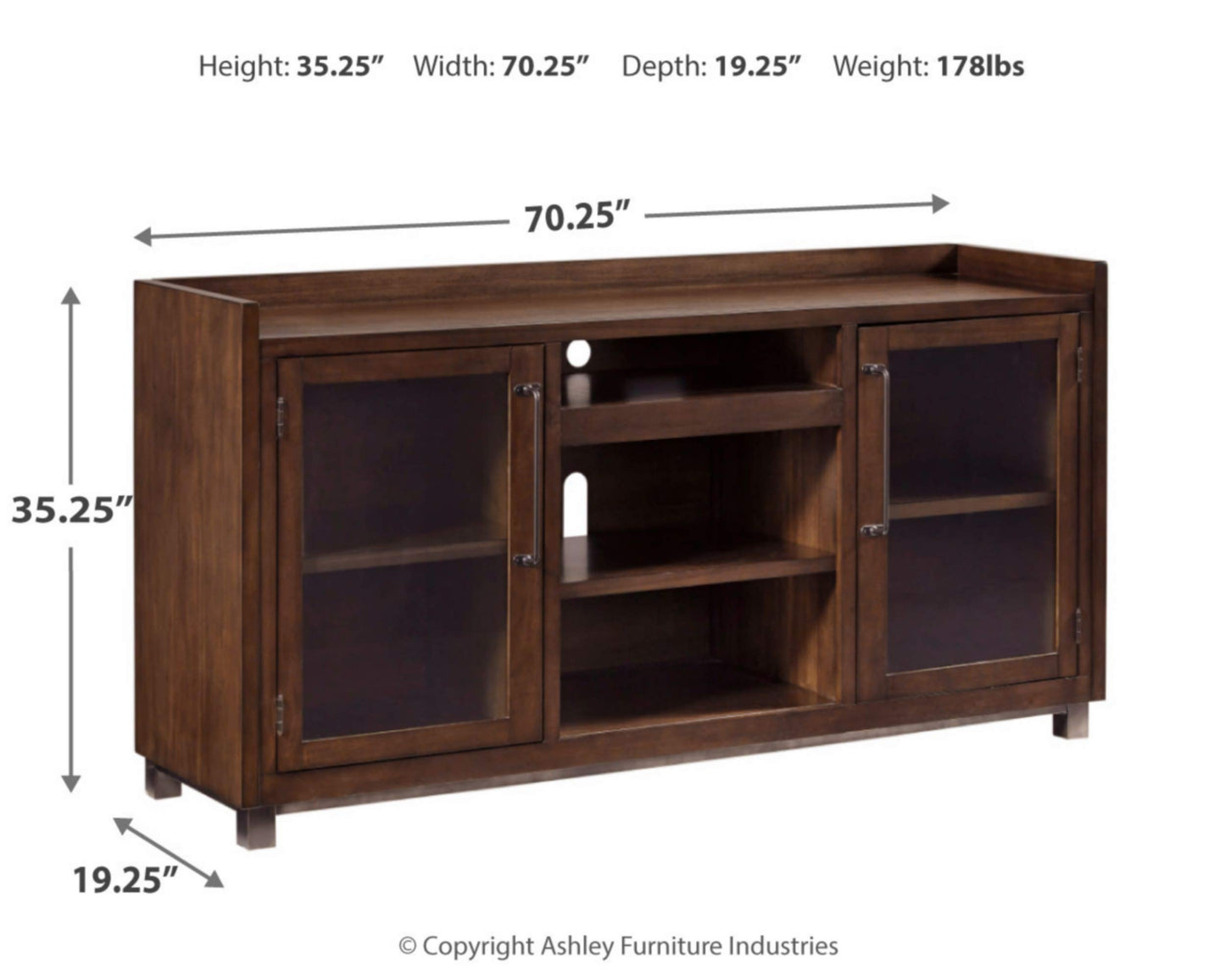 Signature Design by Ashley Starmore Urban TV Stand Fits TVs up to 68", 2 Glass Cabinets and Adjustable Shelves For Storage, Brown