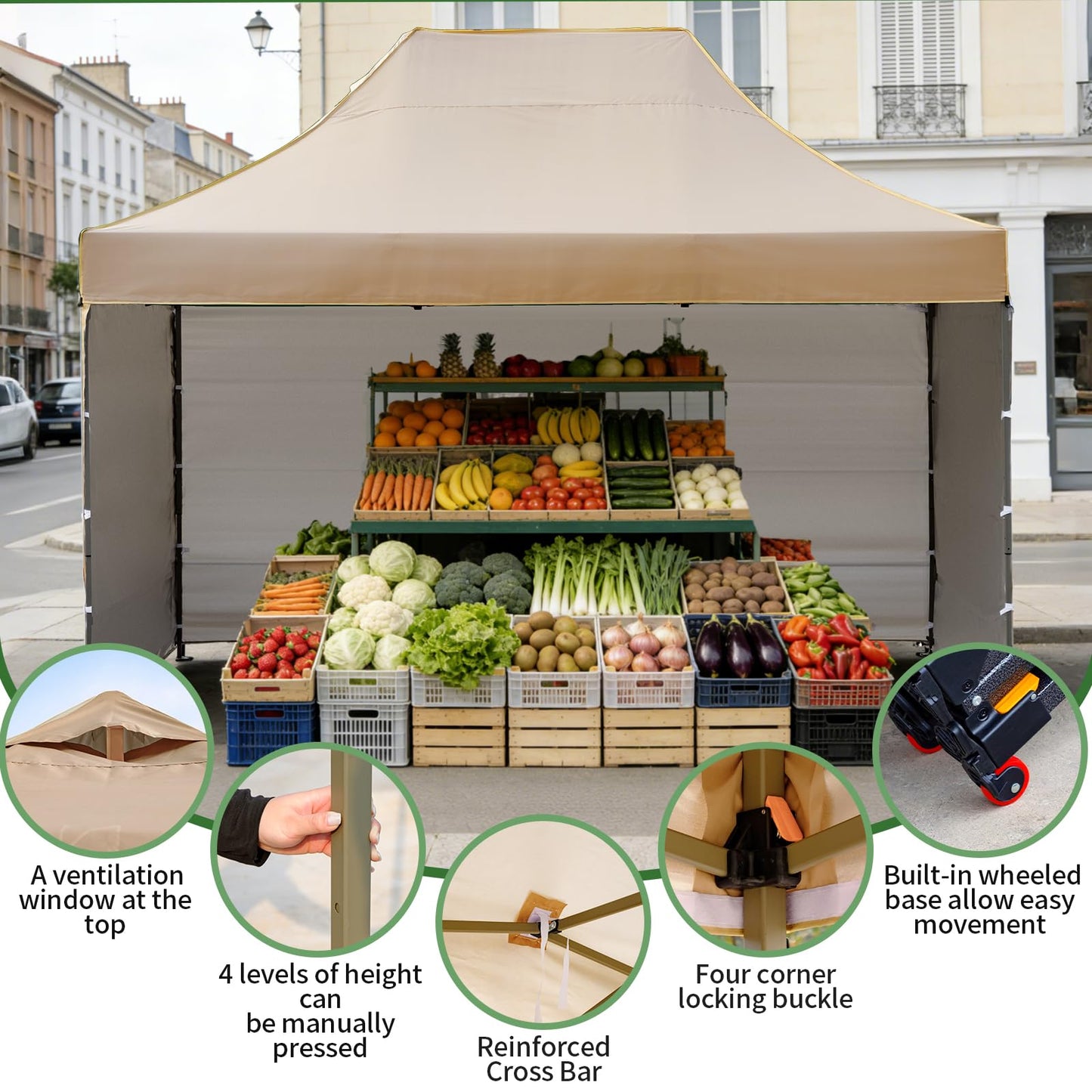 10x15 Heavy Duty Pop Up Canopy Tent, Outdoor Commercial Easy Up Canopy Outdoor Party Tents with 3 Removable sidewalls and Wheeled Bag for Events, Parties, Weddings(Khaki)