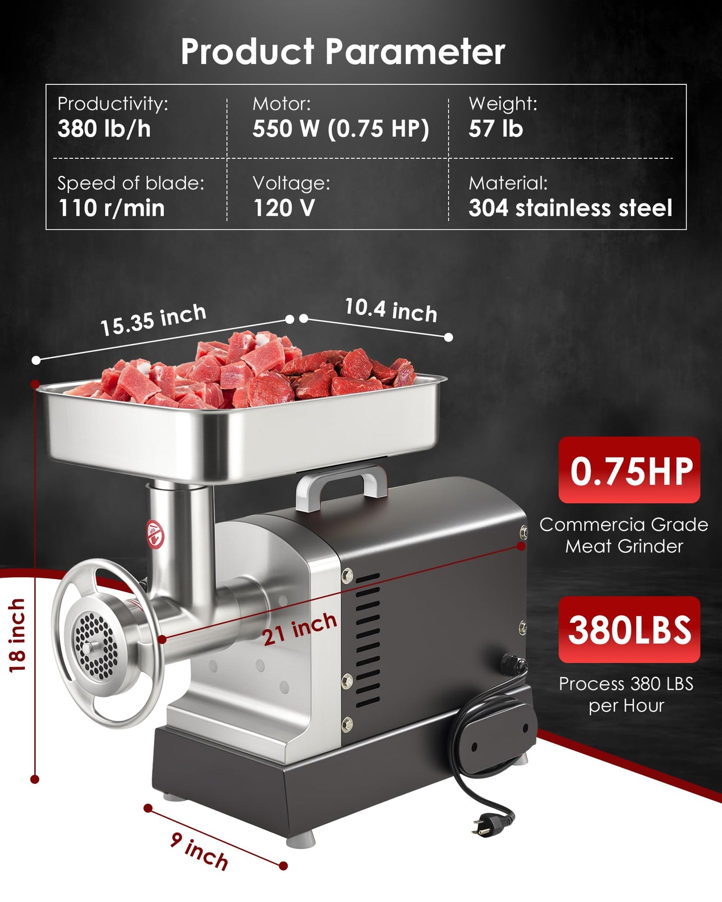 TooGood #12 Commercial Electric Meat Grinder Machine, 3/4 HP, 420 LBS/H, Stainless Steel Meat Grinder Heavy Duty with Sausage Stuffer and drawer for deer processing, Pet Food, Heavy Use