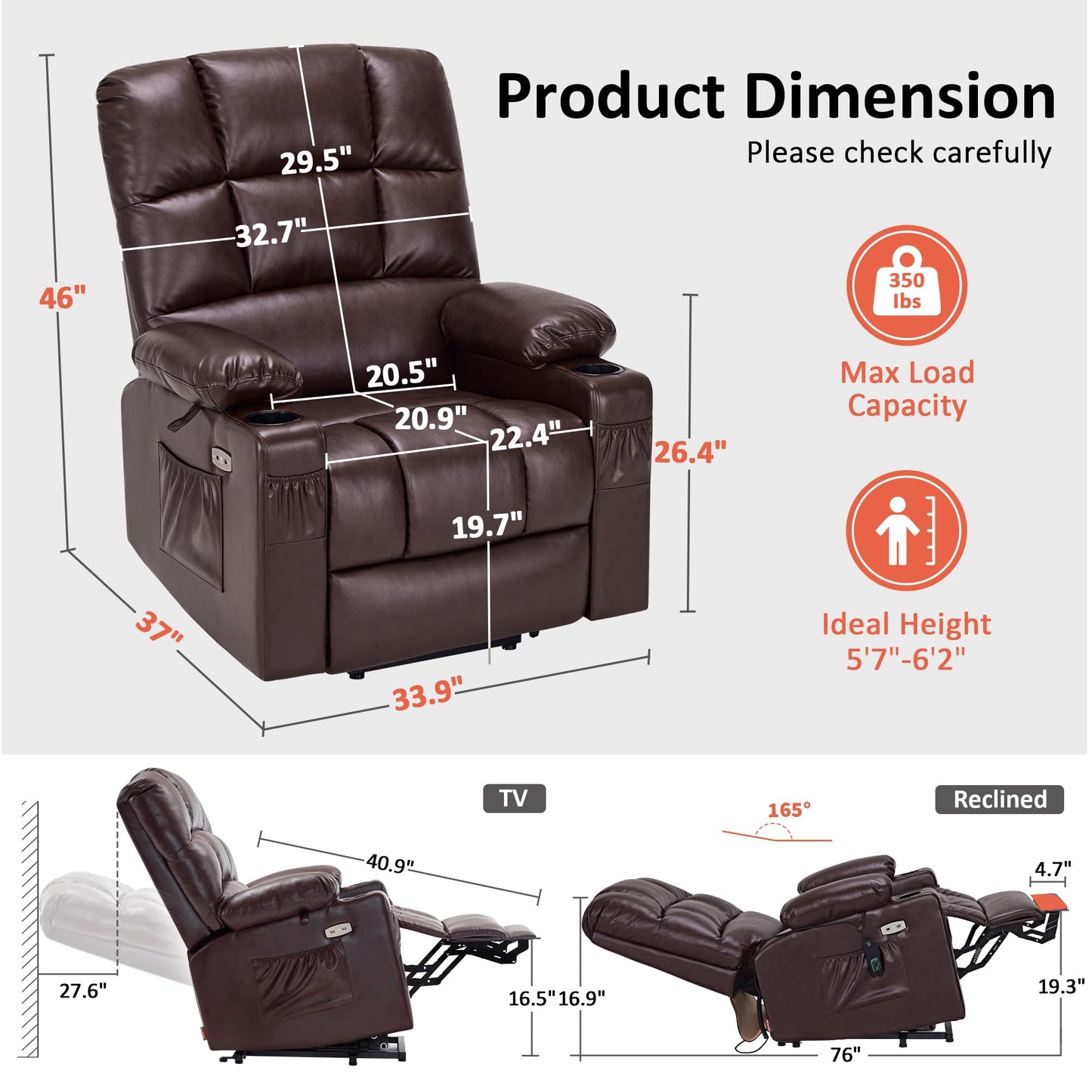 MCombo Dual Motor Power Lift Recliner Chair for Elderly, Massage and Heat, Lay Flat, Zero Gravity, Home Button, USB Port, Faux Leather 7680 (Dark Brown, Large)