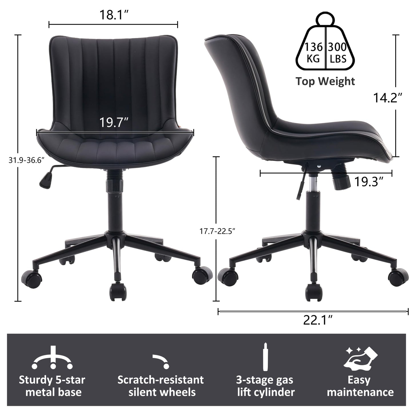 Kidol & Shellder Office Desk Chair with Wheels Modern Leather Cute Armless Swivel Vanity Chair with Comfy Padded Back Ergonomic Rolling Adjustable Computer Task Chair Small Black
